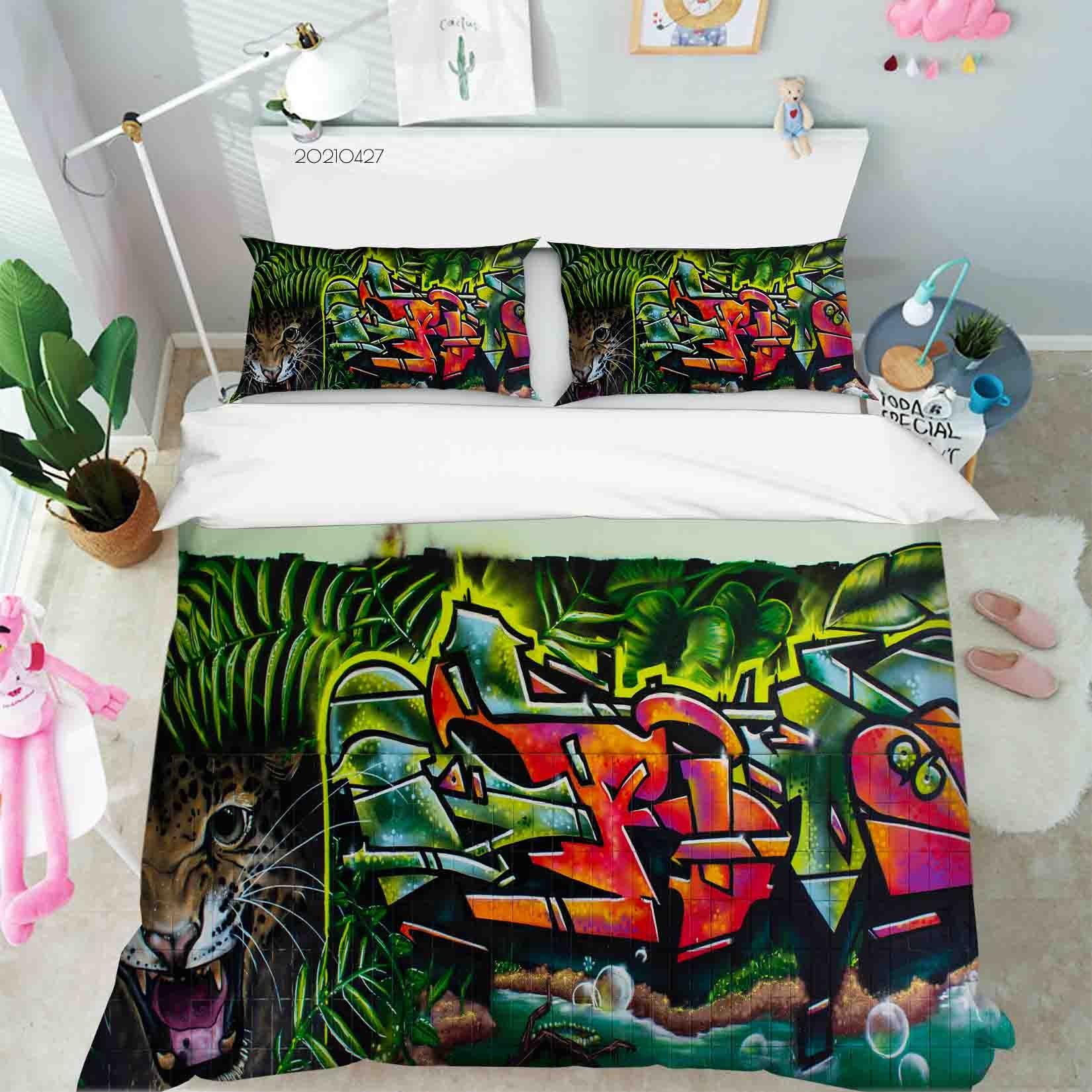 3D Abstract Colored Street Graffiti Quilt Cover Set Bedding Set Duvet Cover Pillowcases 77- Jess Art Decoration