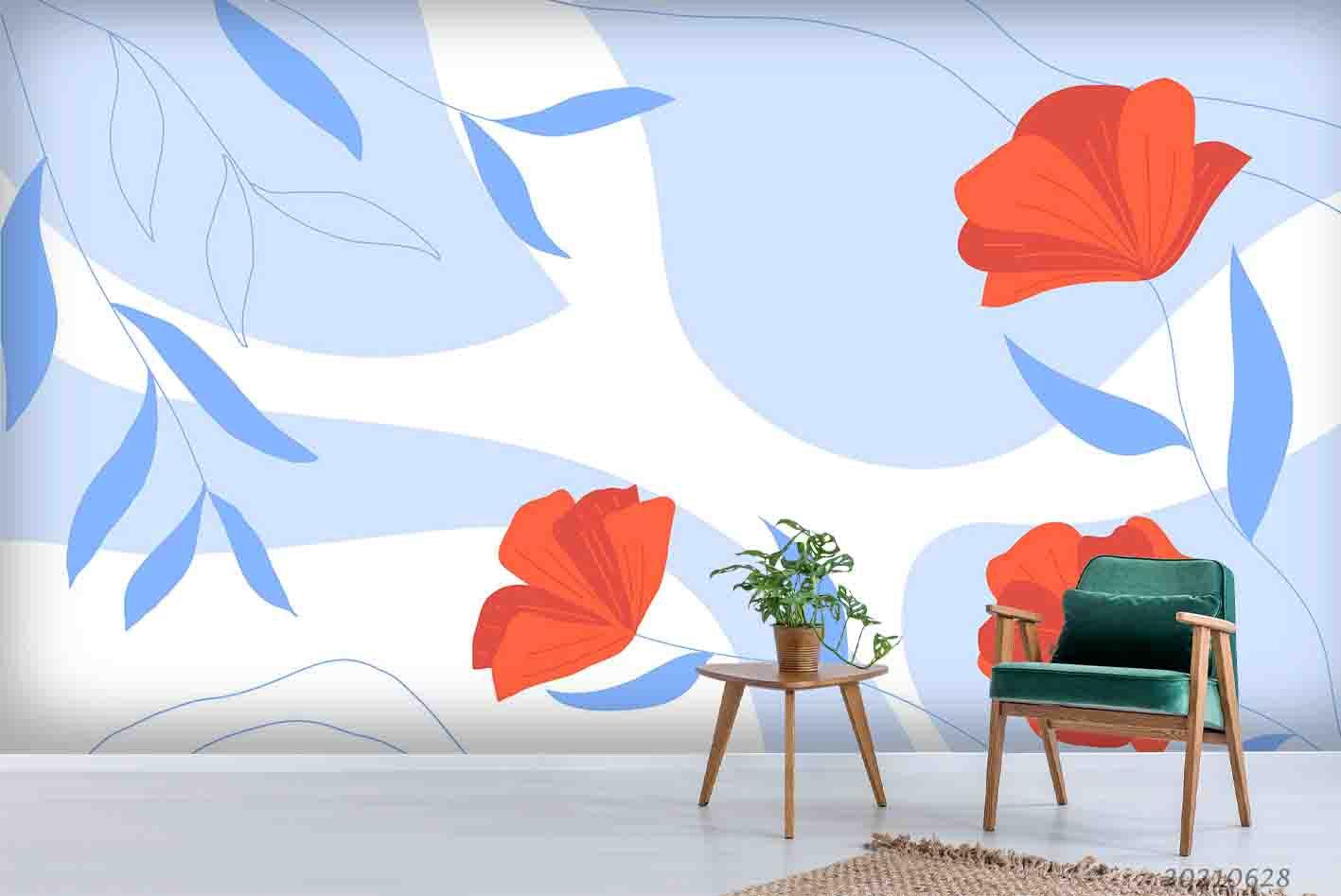 3D Abstract Blue Leaf Red Floral Wall Mural Wallpaper LQH 219- Jess Art Decoration