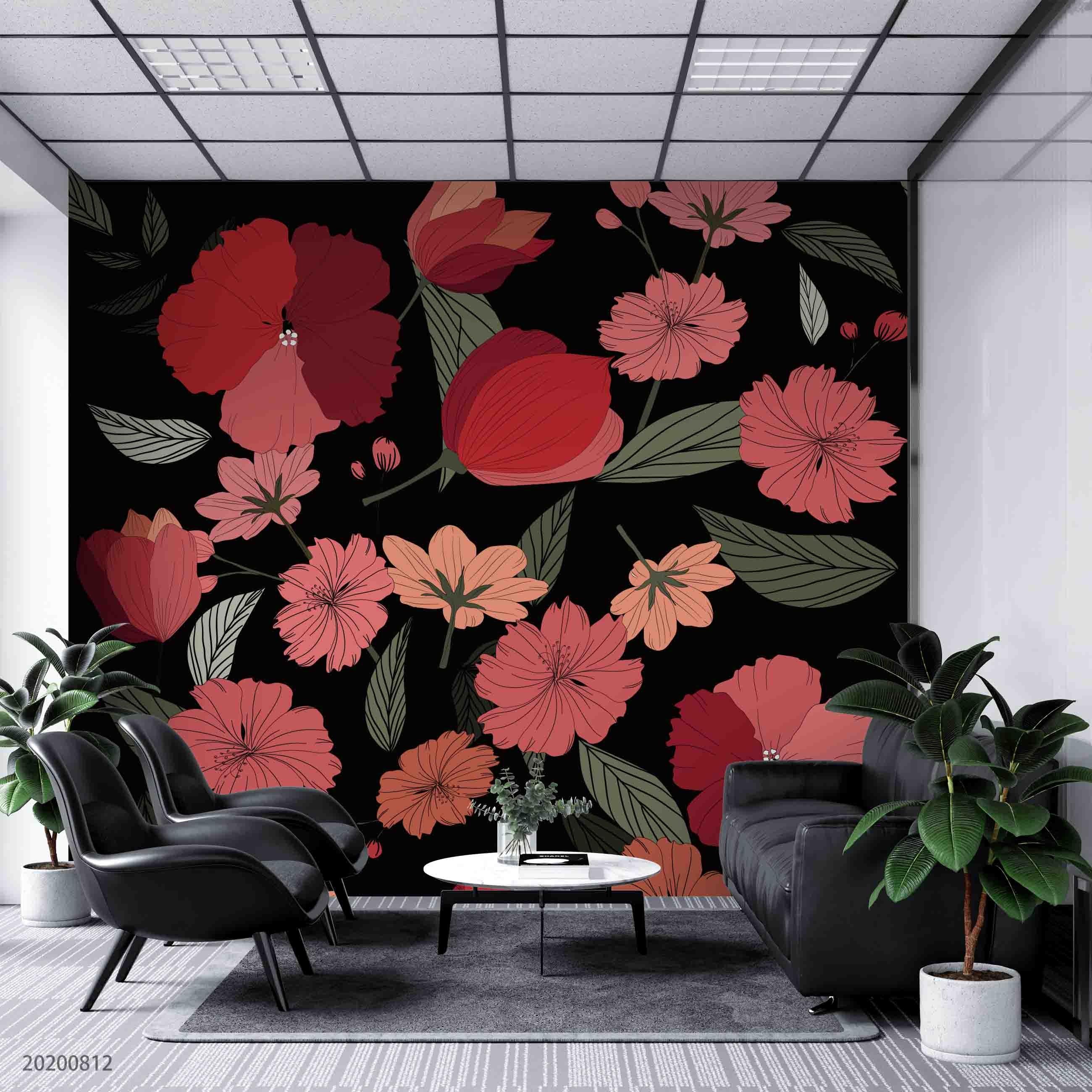 3D Hand Sketching Pink Floral Leaves Plant Wall Mural Wallpaper LXL 1075- Jess Art Decoration