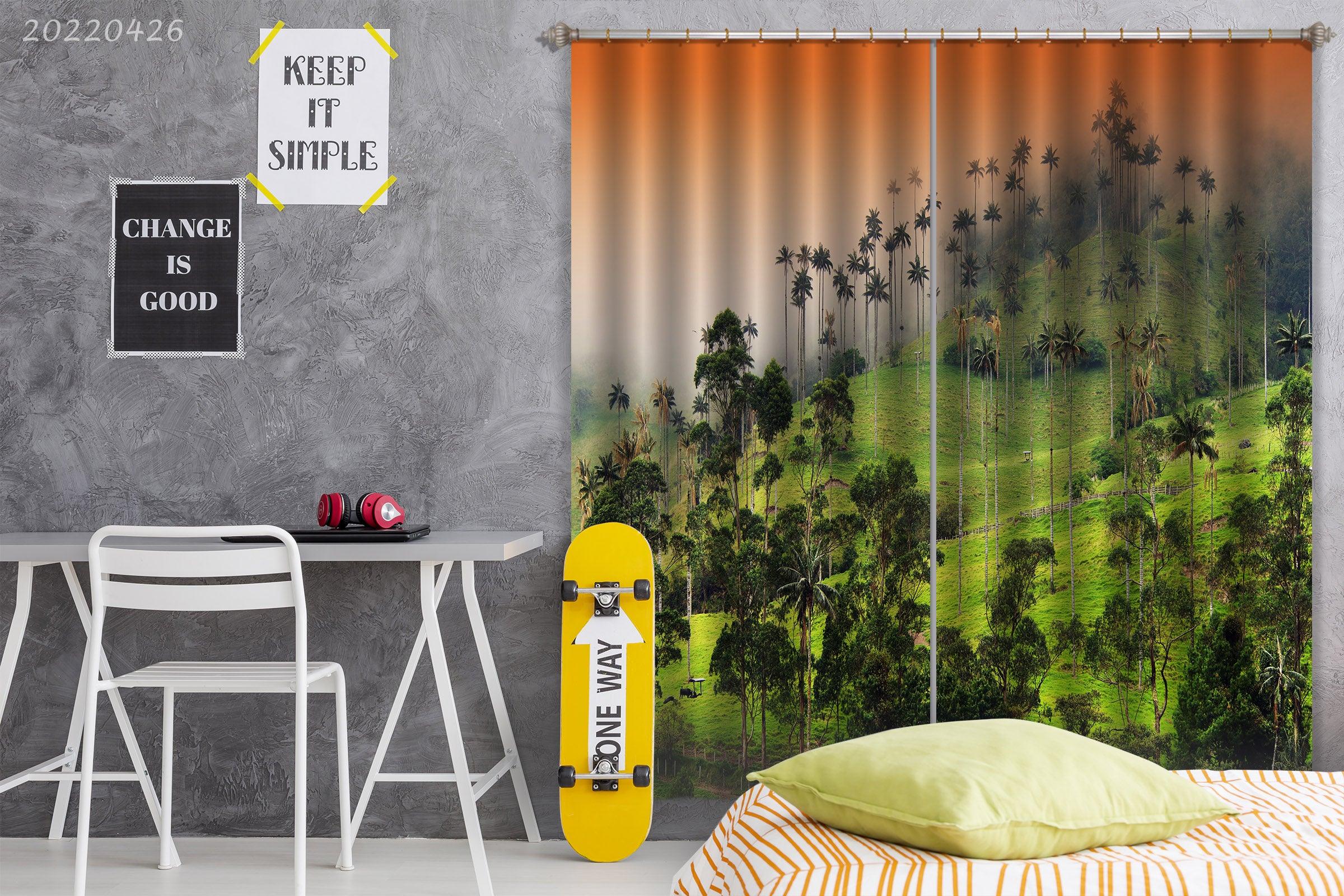 3D Landscape Mountain Green Tree Grass Orange Sky Curtains and Drapes GD 4750- Jess Art Decoration