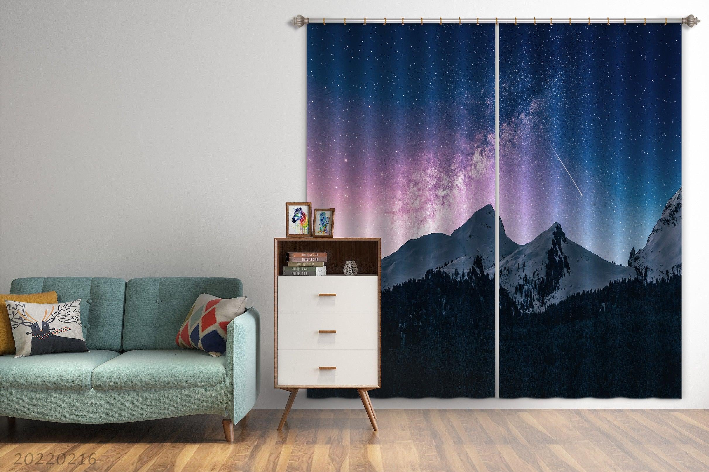 3D Snow Mountain Peak Woods Purple Blue Star Sky Curtains and Drapes GD 2275- Jess Art Decoration