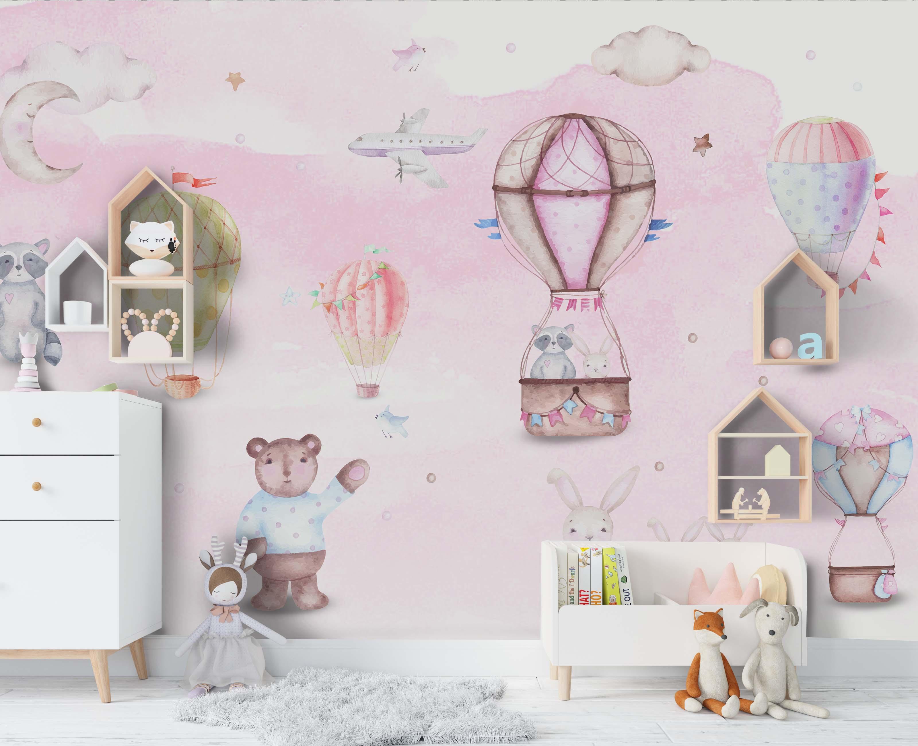 3D bear rabbit moon aircraft hot air balloon wall mural wallpaper 31- Jess Art Decoration