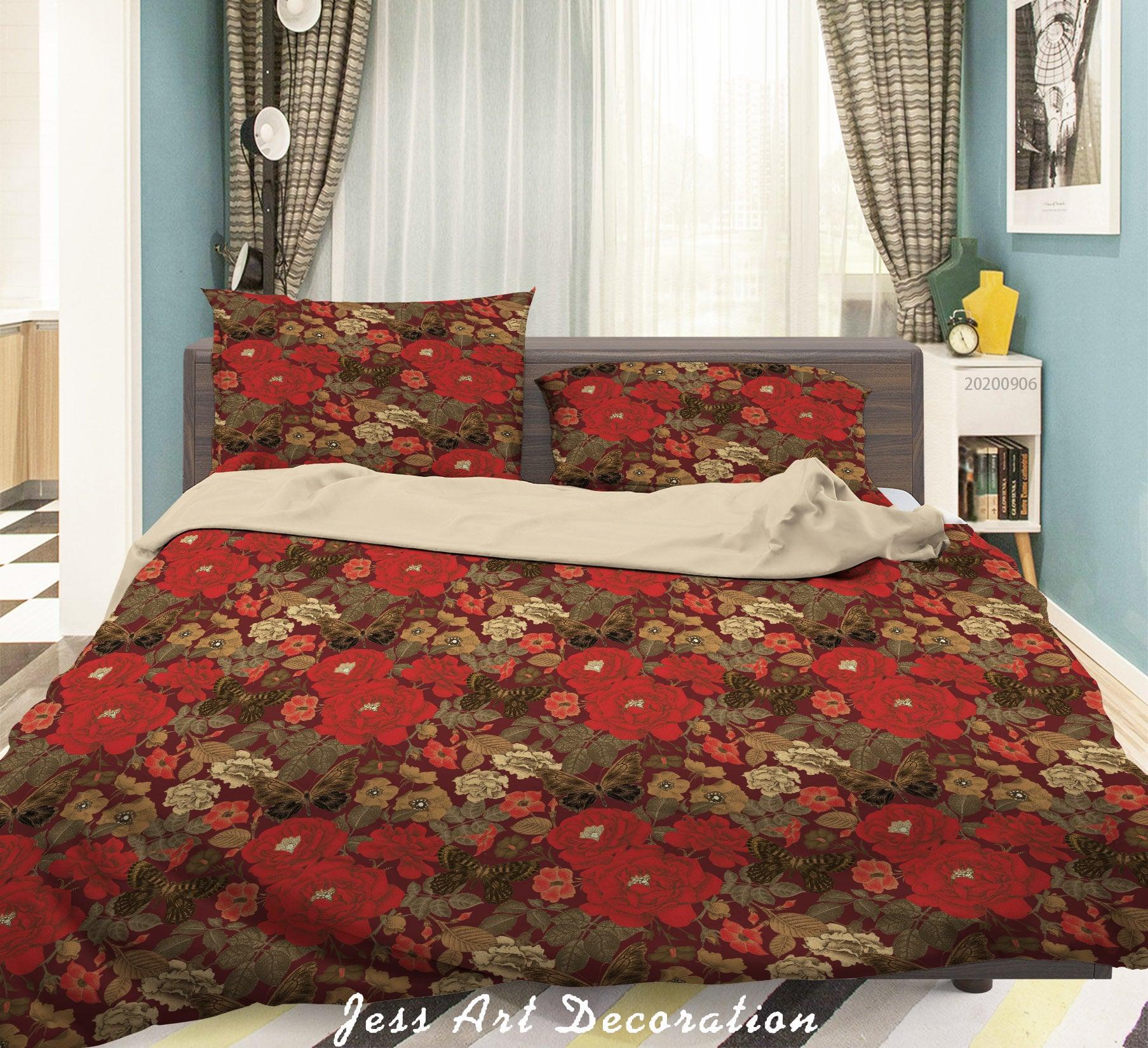 3D Vintage Leaves Red Floral Pattern Quilt Cover Set Bedding Set Duvet Cover Pillowcases WJ 3645- Jess Art Decoration
