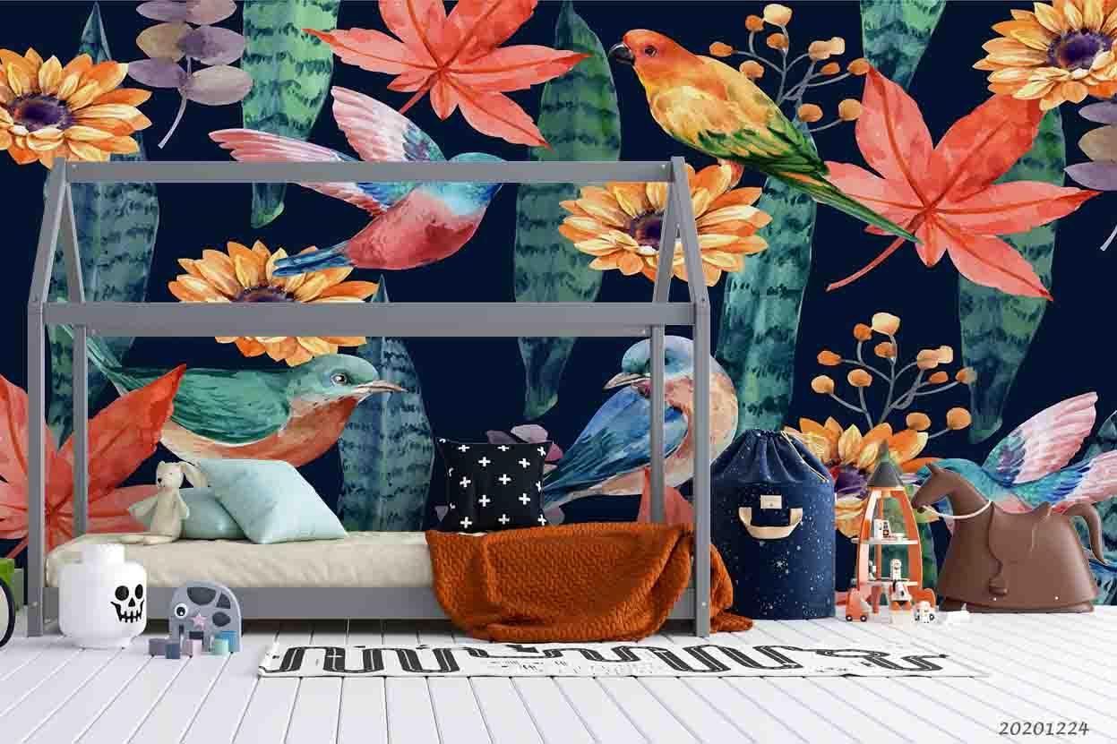 3D Tropical Plant Leaf Floral Bird Wall Mural Wallpaper LQH 10- Jess Art Decoration