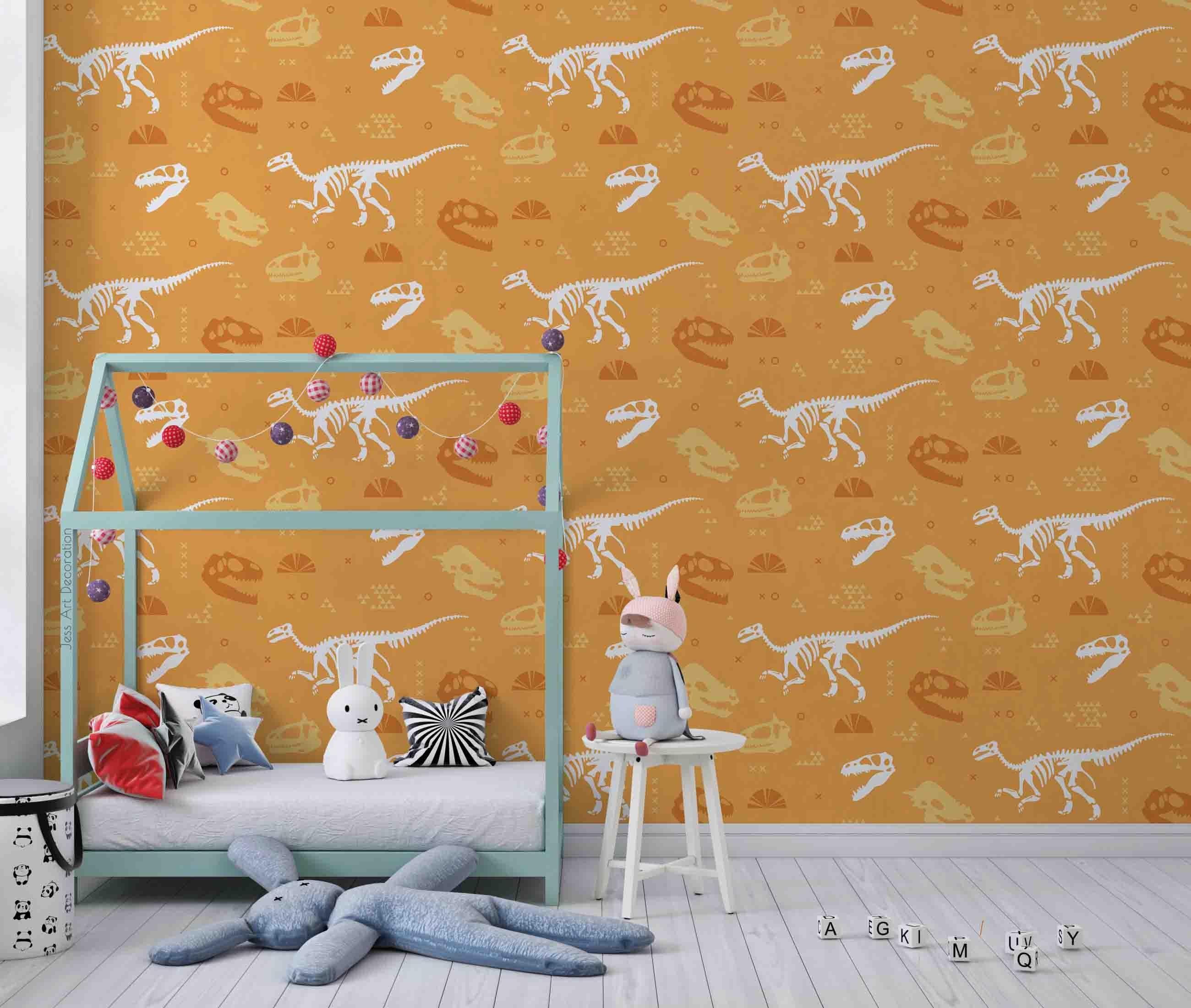 3D Dinosaur Skeleton Yellow Background Wall Mural Wallpaper GD 3168- Jess Art Decoration