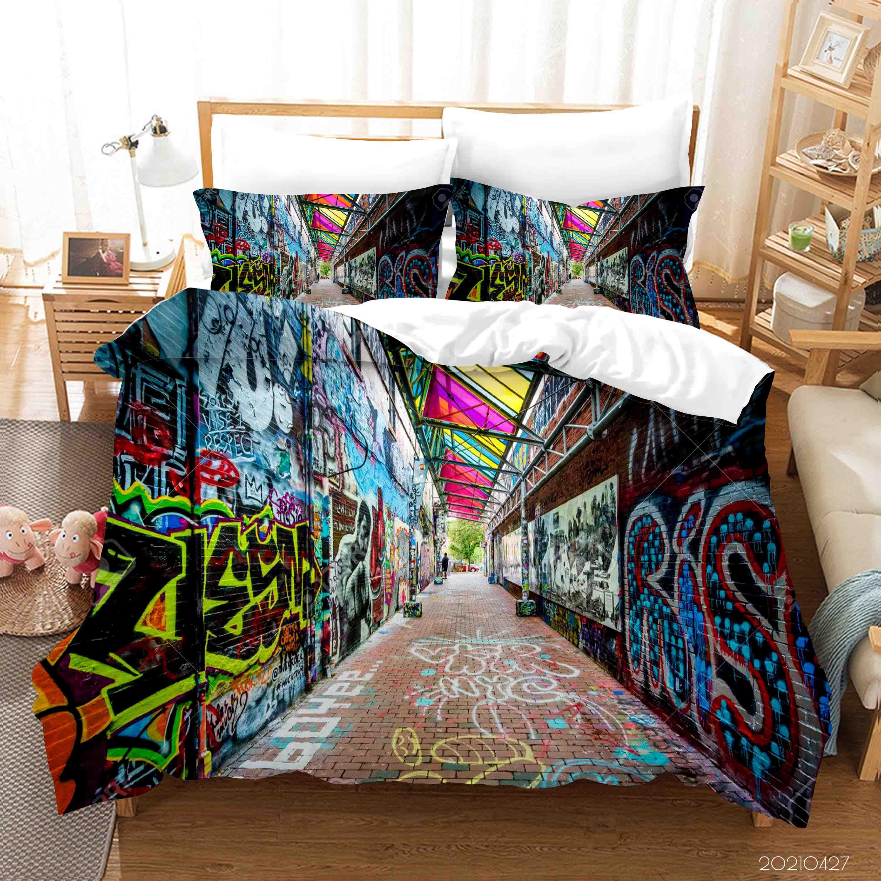3D Abstract Colored Street Graffiti Quilt Cover Set Bedding Set Duvet Cover Pillowcases 50- Jess Art Decoration
