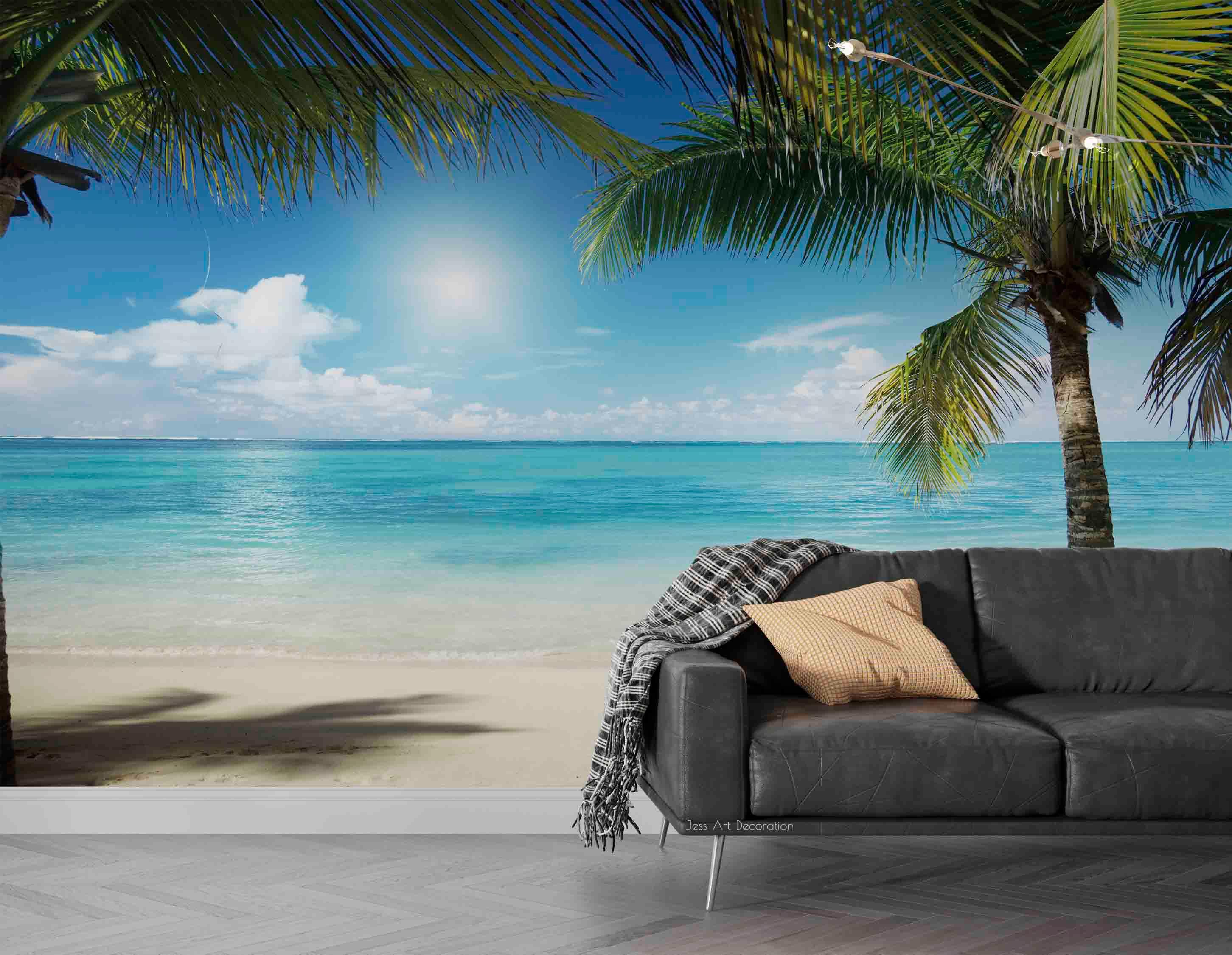 3D Beach Blue Ocean Sky White Clouds Sun Coconut Tree Wall Mural Wallpaper GD 2974- Jess Art Decoration