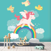 3D Cartoon Unicorn Rainbow Bird Green Wall Mural Wallpaper A019 LQH- Jess Art Decoration