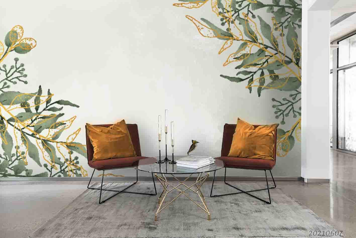 3D Hand Draw Plant Leaf  Paint Gold Wall Mural Wallpaper SWW1136- Jess Art Decoration