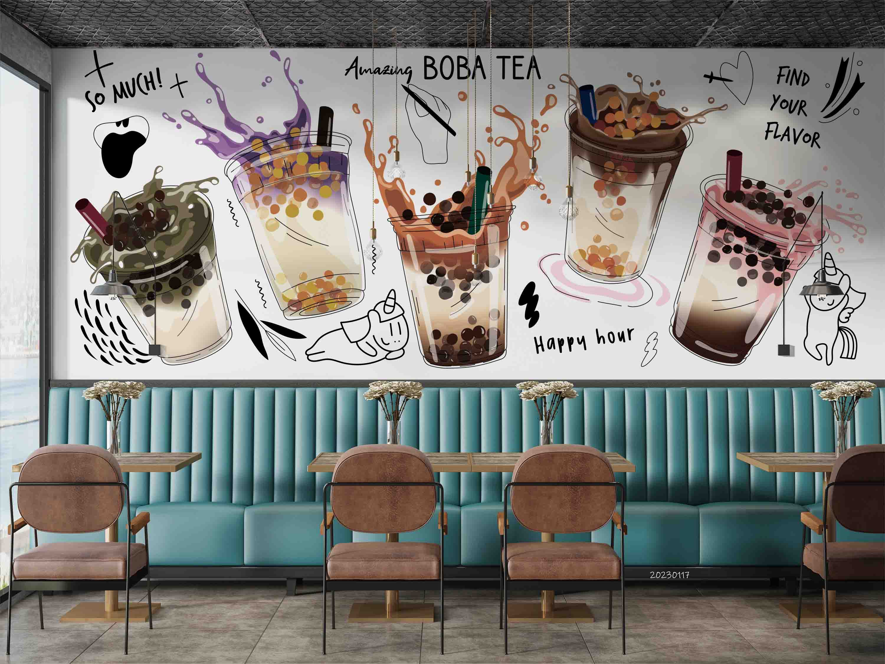 3D Hand Drawn Bubble Tea Pearl Tea Milk Tea Shop Wall Mural Wallpaper JN 30- Jess Art Decoration