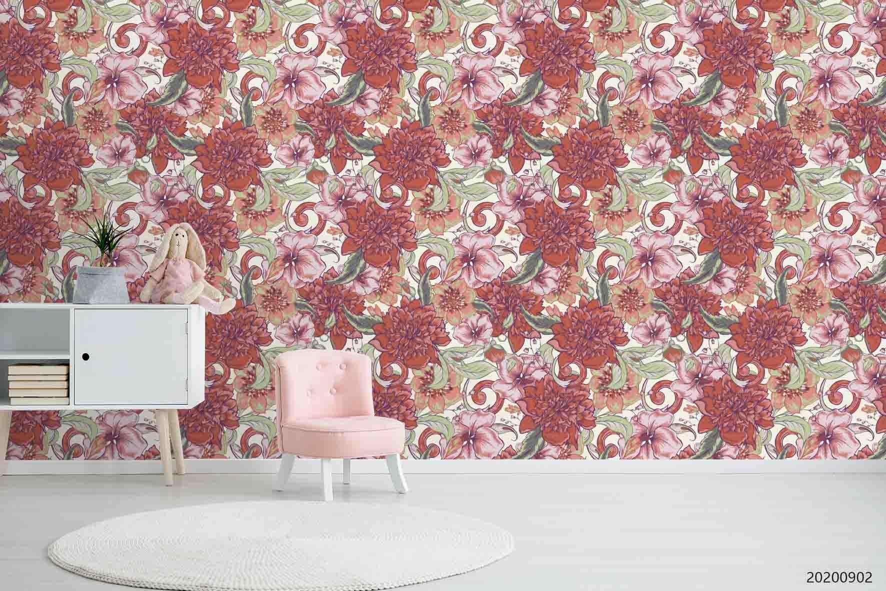 3D Hand Sketching Red Floral Leaves Plant Wall Mural Wallpaper LXL 1300- Jess Art Decoration