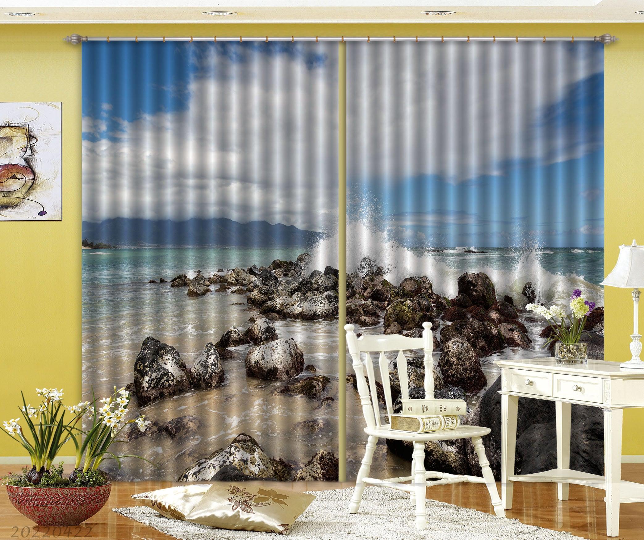 3D Landscape Ocean Wave Reef Horizon Cloud Curtains and Drapes GD 4287- Jess Art Decoration