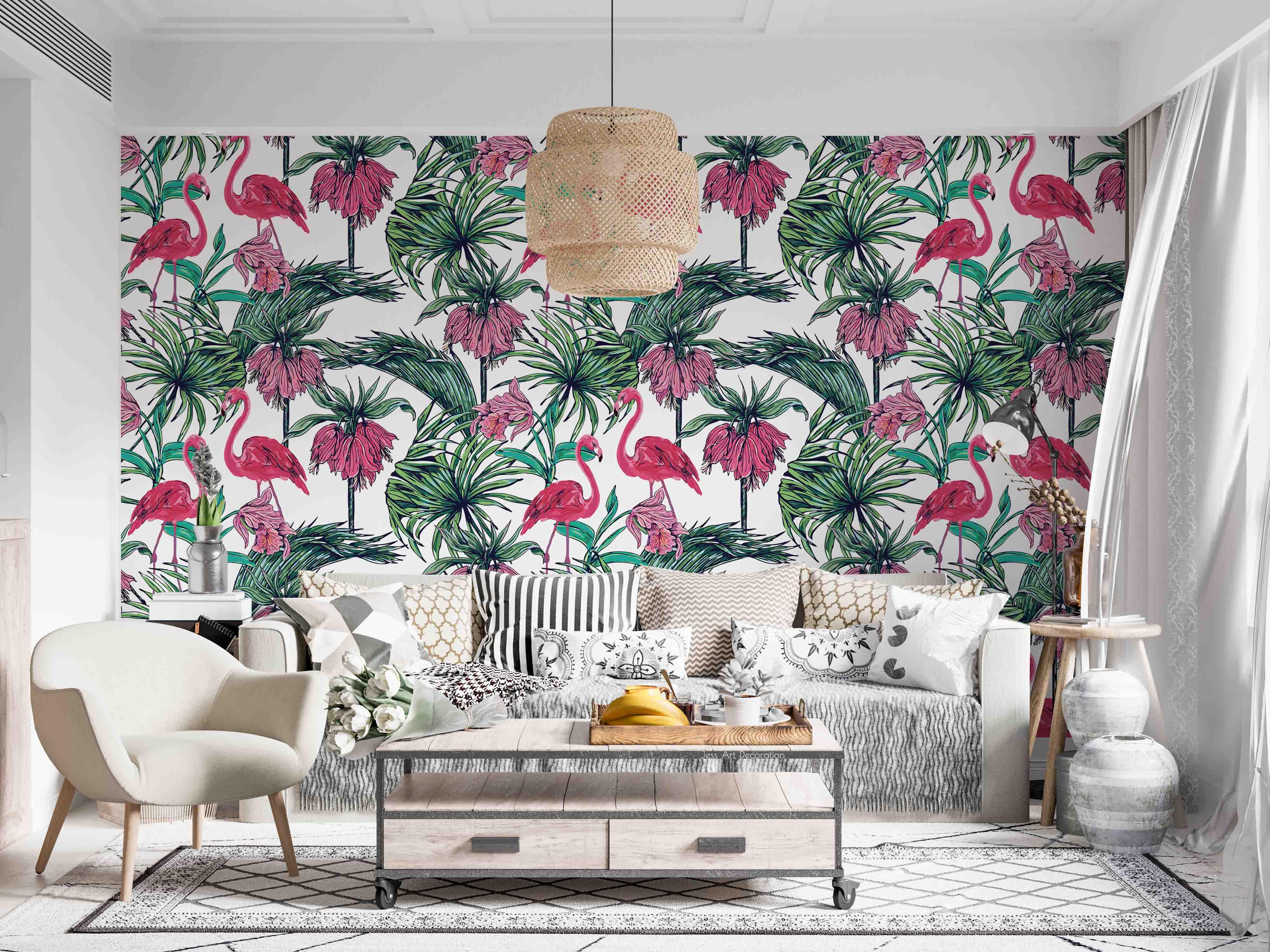 3D Vintage Plant Leaf Flamingo Pattern Wall Mural Wallpaper GD 3332- Jess Art Decoration