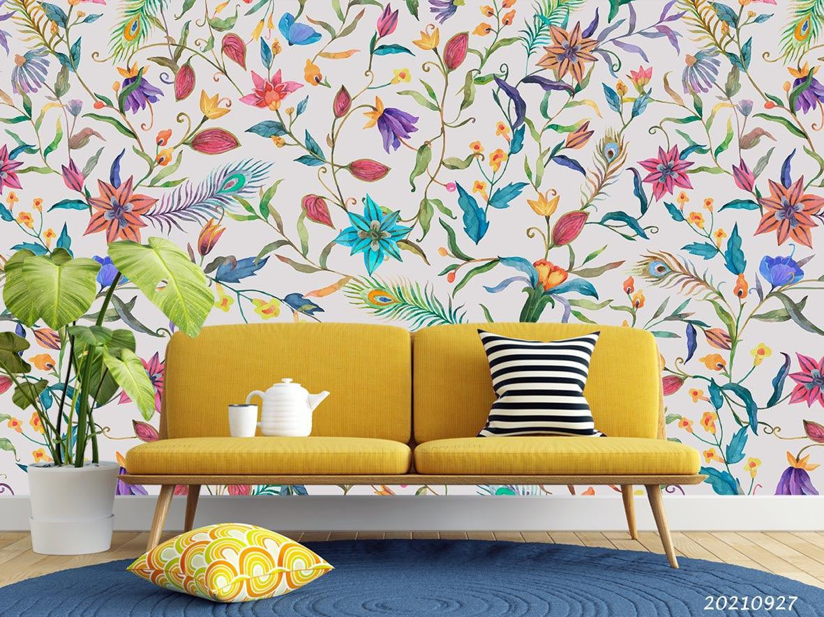 3D Hand Drawn Color Floral Leaves Wall Mural Wallpaper LQH 192- Jess Art Decoration