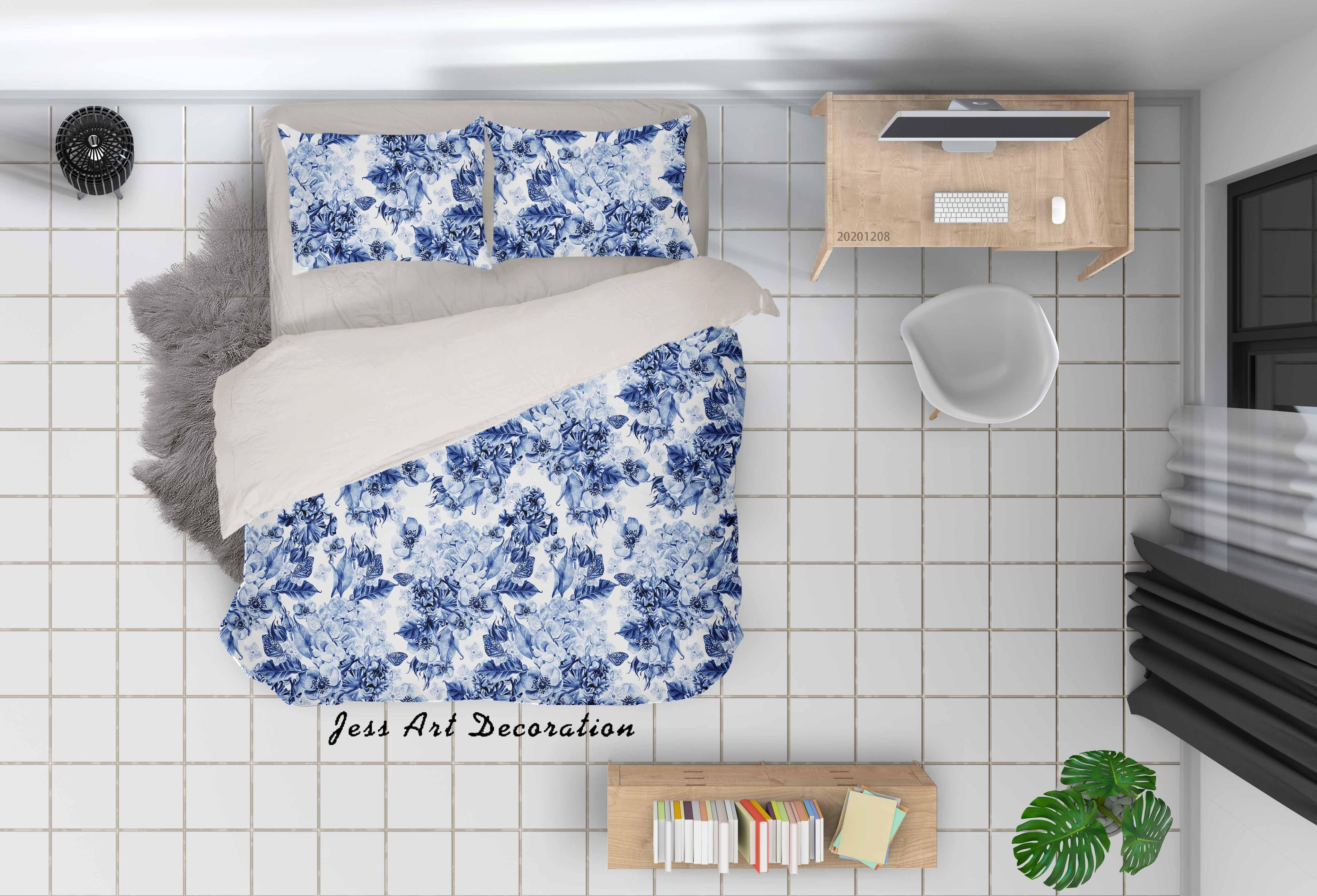 3D Hand Drawn Blue Floral Leaves Plant Quilt Cover Set Bedding Set Duvet Cover Pillowcases LXL- Jess Art Decoration