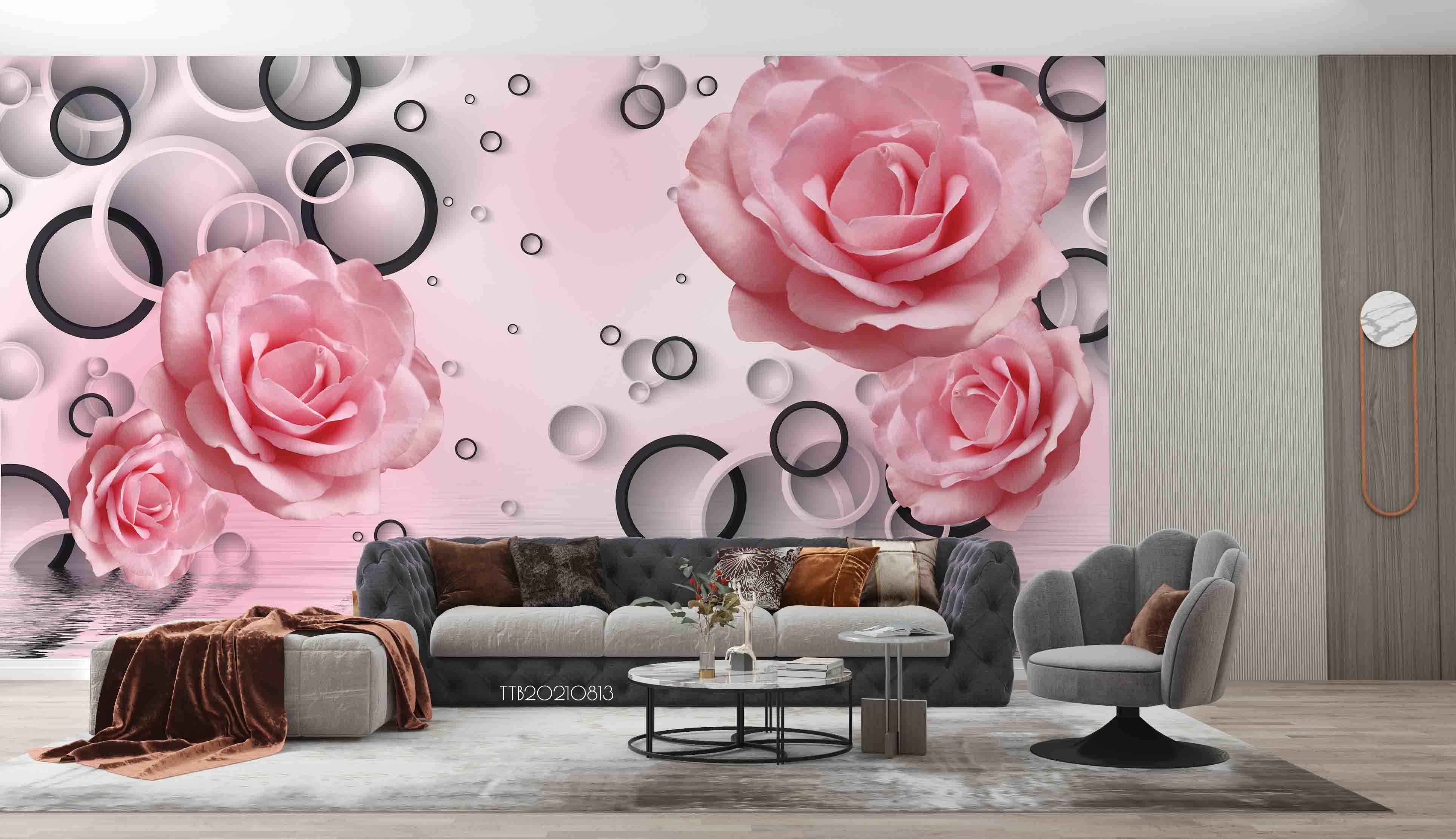 3D Pink Floral Roses Geometry Circle Wall Mural Wallpaper 5074- Jess Art Decoration