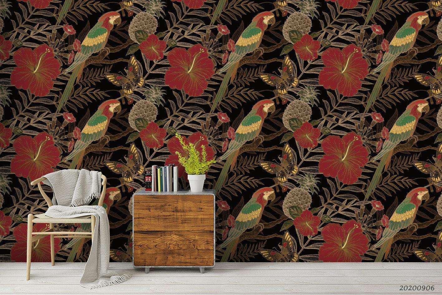 Vinatge Parrot Red Floral Leaves Plant Pattern Black Wall Mural Wallpaper LXL- Jess Art Decoration