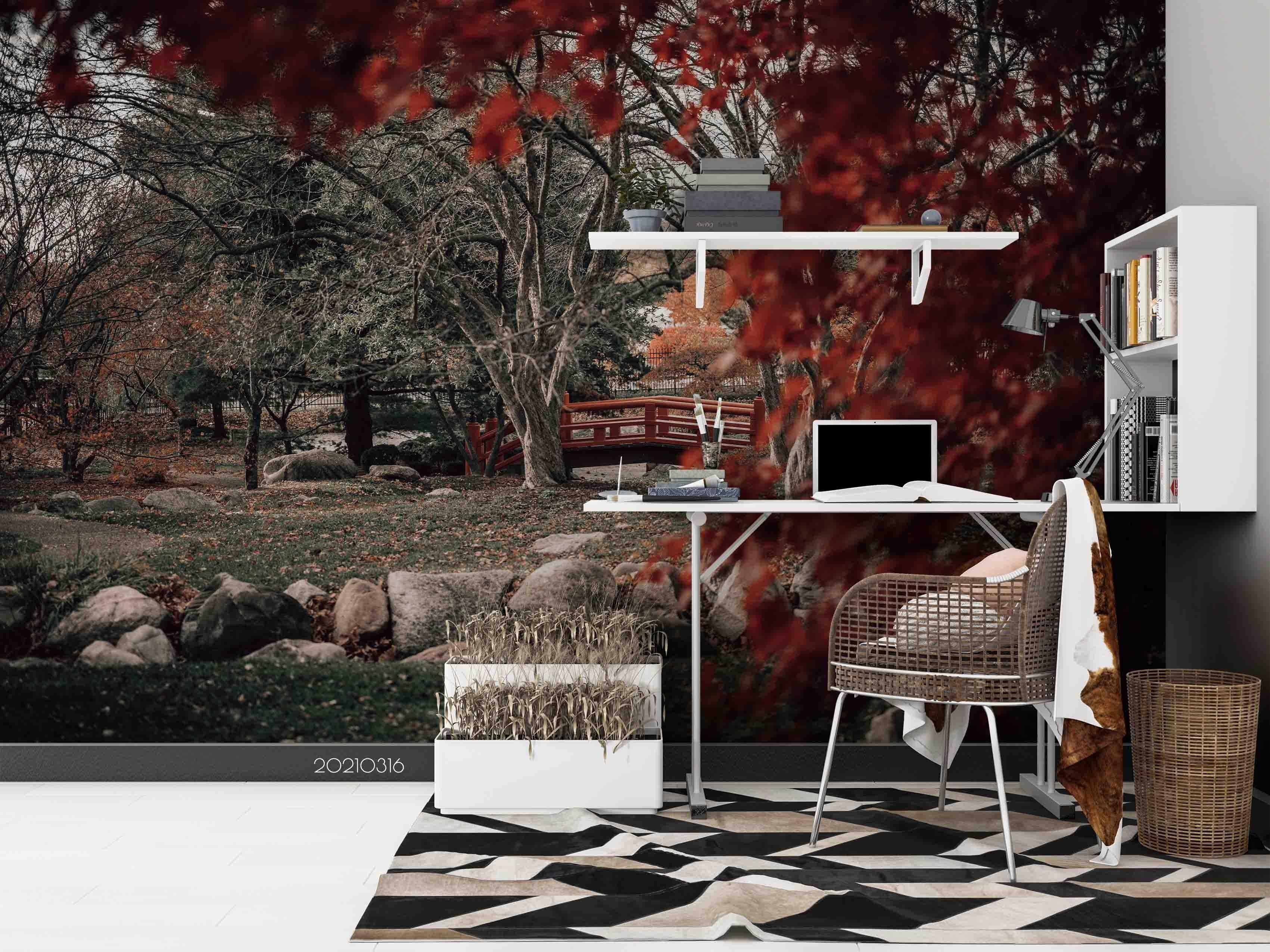 3D Park Maple Leaf Bridge Landscape Wall Mural Wallpaper LQH 488- Jess Art Decoration