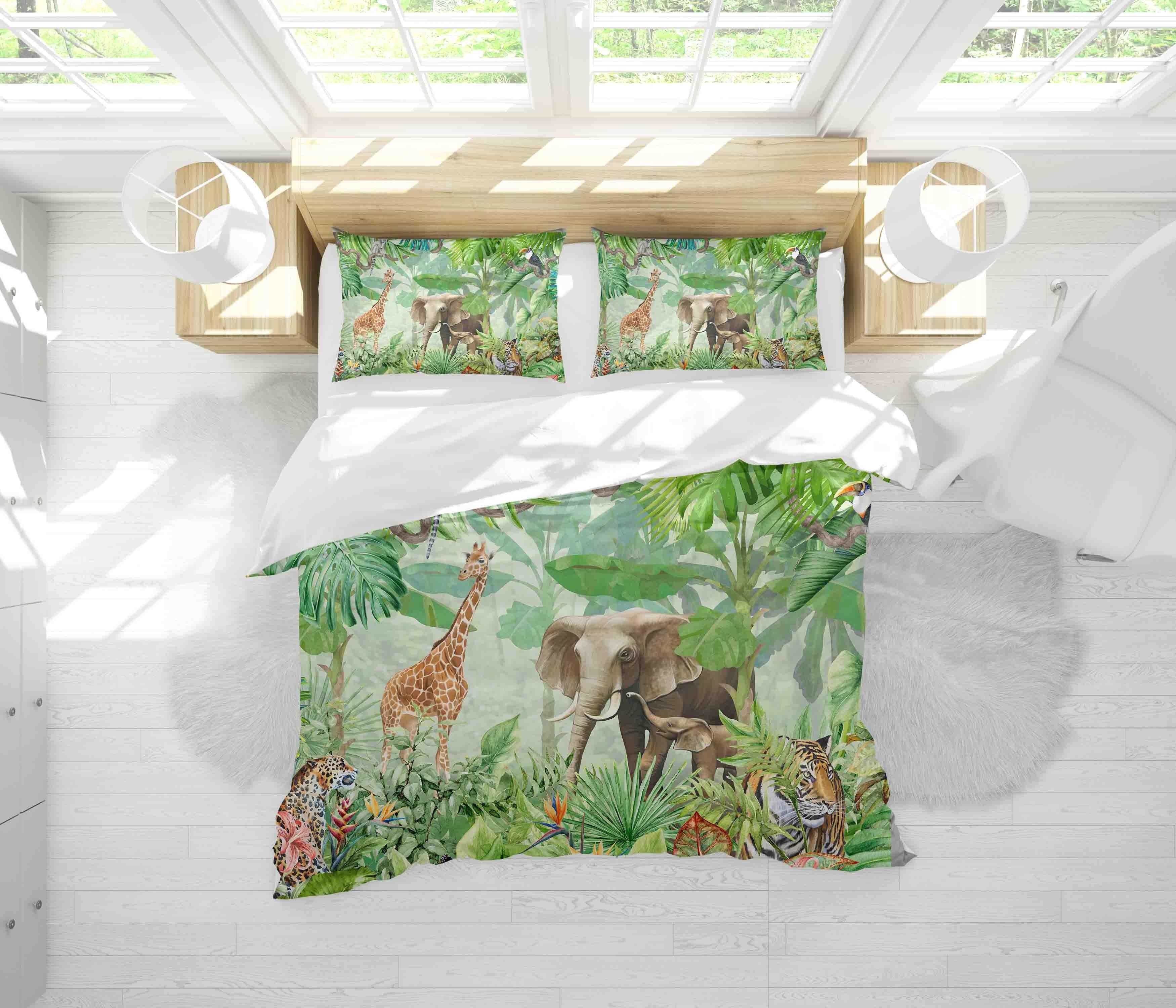 3D Green Jungle Giraffe Elephant Tiger Quilt Cover Set Bedding Set Pillowcases 86- Jess Art Decoration