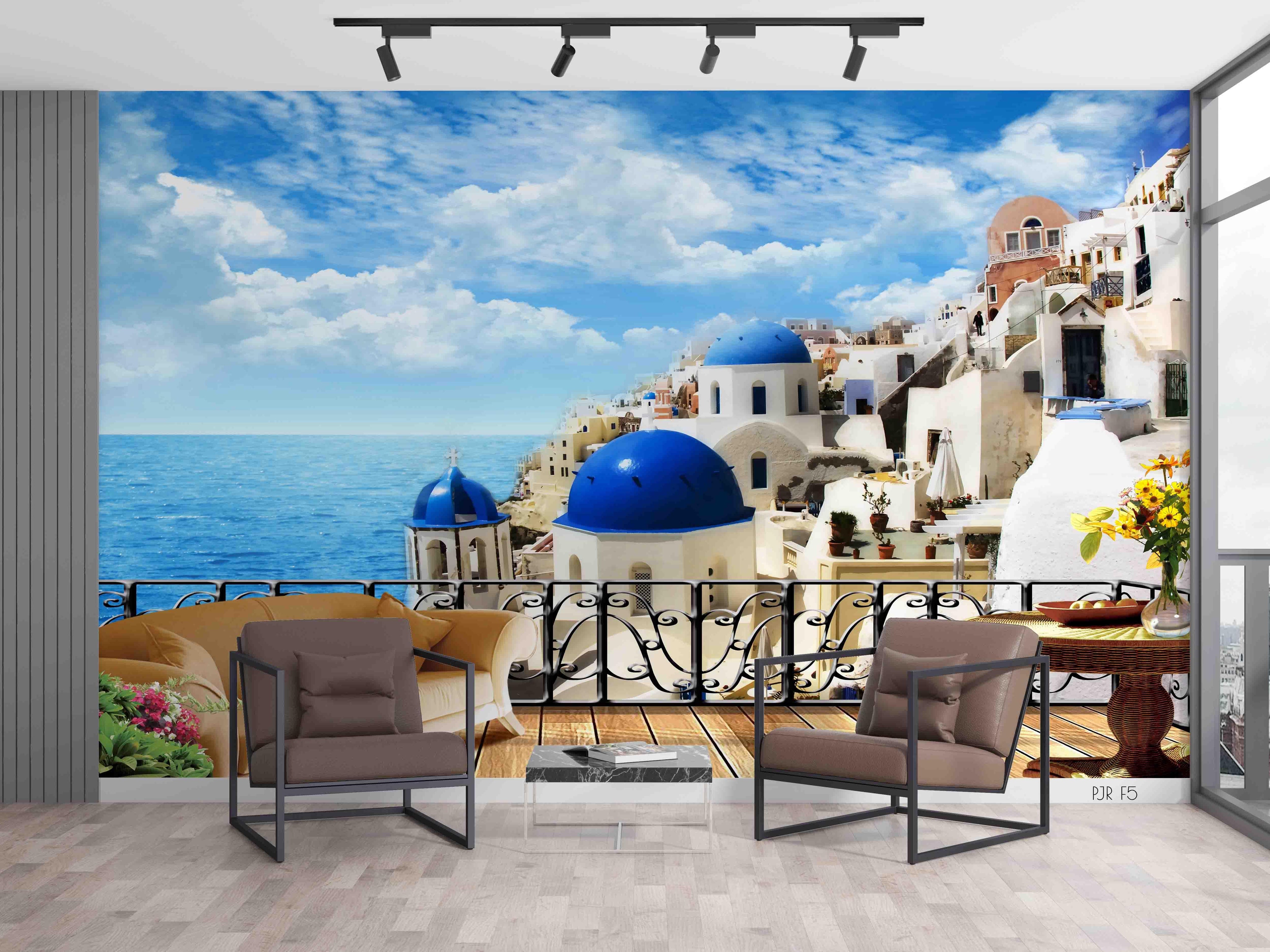 3D Santorini Sea View Santorini seaside architecture wall mural wallpaper for living room - view 5