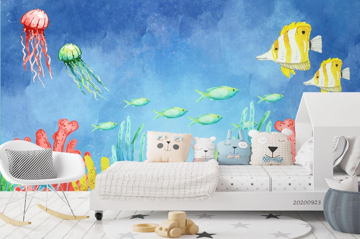 3D Watercolor Ocean World Fishes Wall Mural Wallpaper WJ 3132- Jess Art Decoration