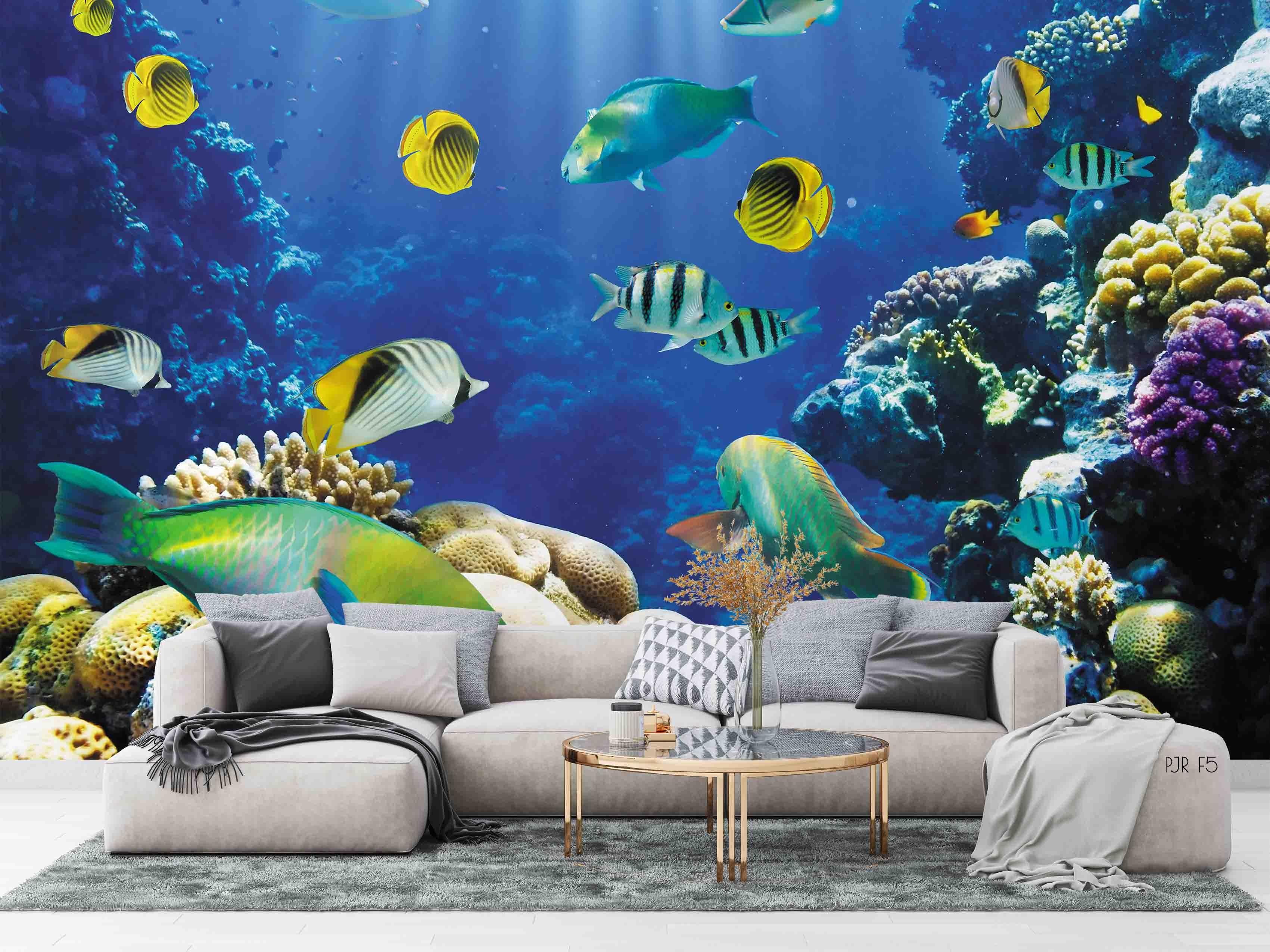3D Underwater Fish Reef colourful coral reef fish scene wall mural wallpaper for kids room - view 6