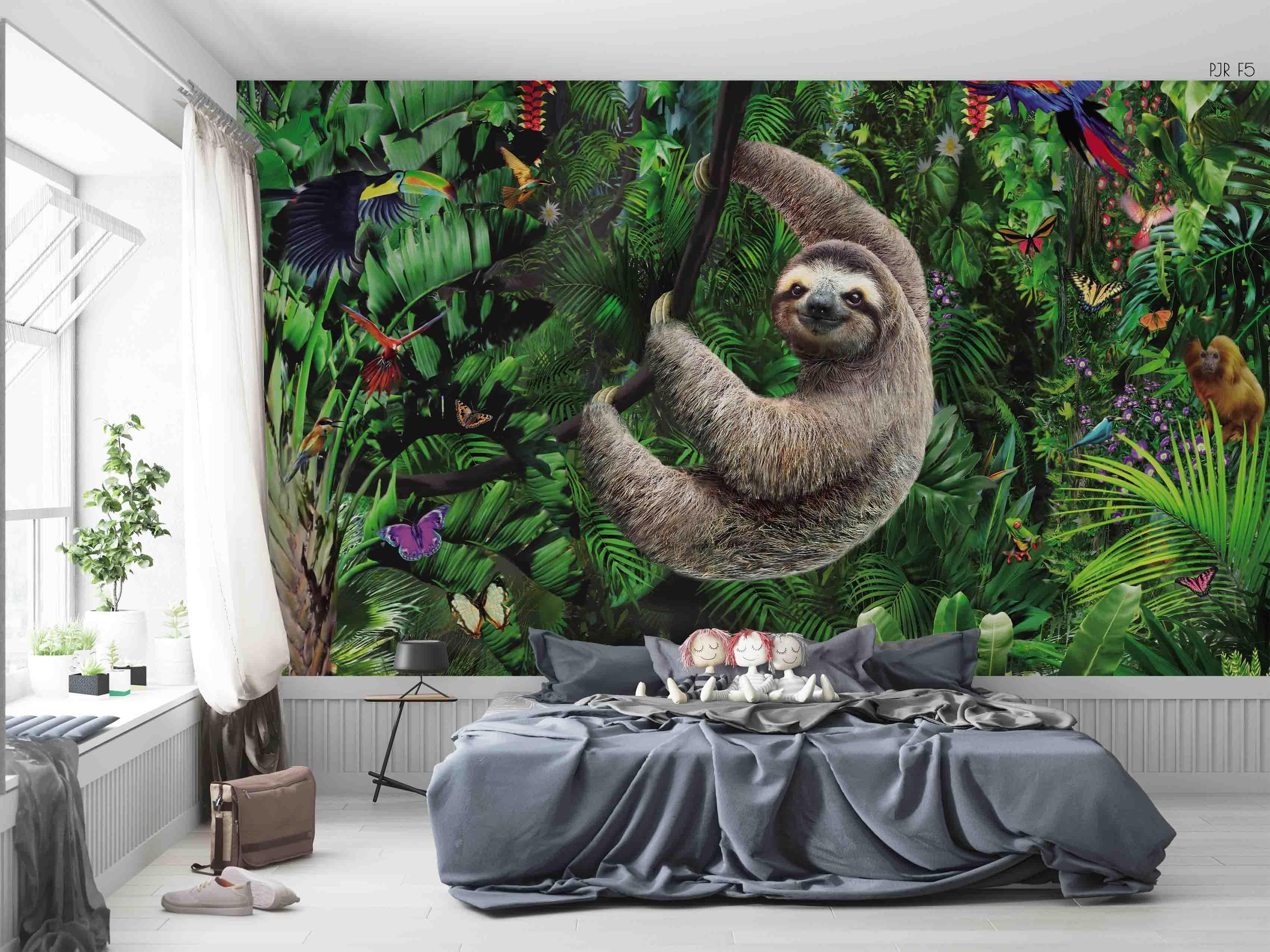 3D Sloth Jungle Animal playful sloth jungle scene wall mural wallpaper for kids room - view 5