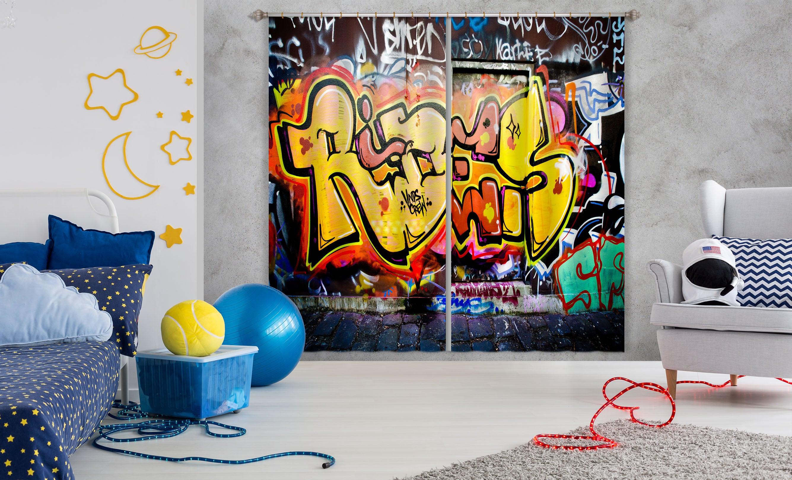 3D Yellow Graffiti Curtains and Drapes A9- Jess Art Decoration