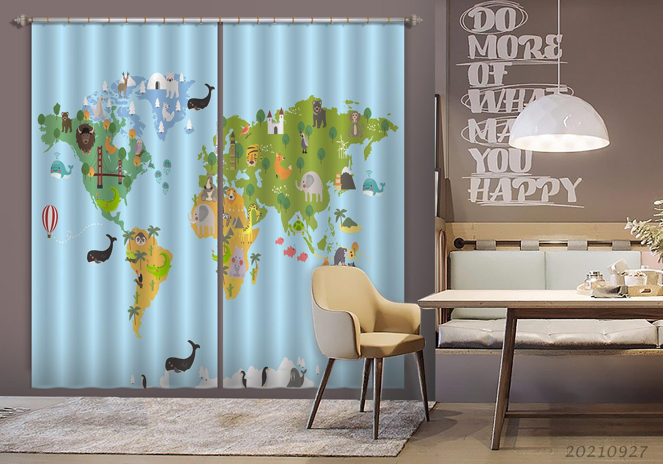 3D Blue World Map Kids Curtains and Drapes LQH 173- Jess Art Decoration