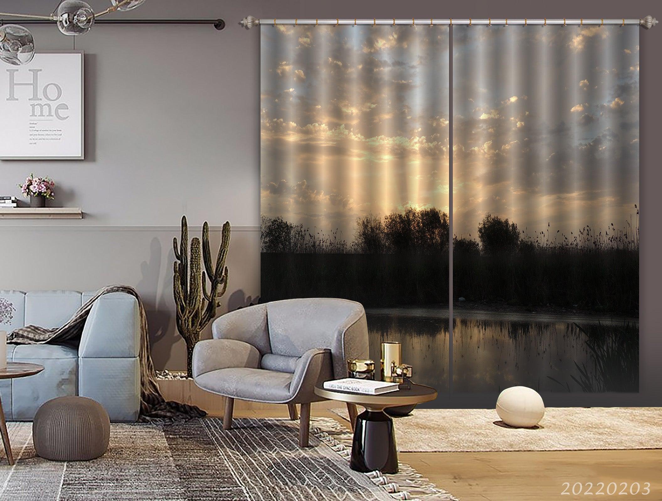 3D Countryside Pond Tree Sunrise View Curtains and Drapes GD 1241- Jess Art Decoration