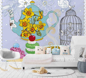3D Vintage Birdcage Floral Teapot Tea Cup Wall Mural Wallpaper LXL 1594- Jess Art Decoration