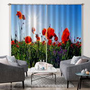 3D Sky Sunshine Red Poppy Flower Curtains and Drapes LQH 199- Jess Art Decoration