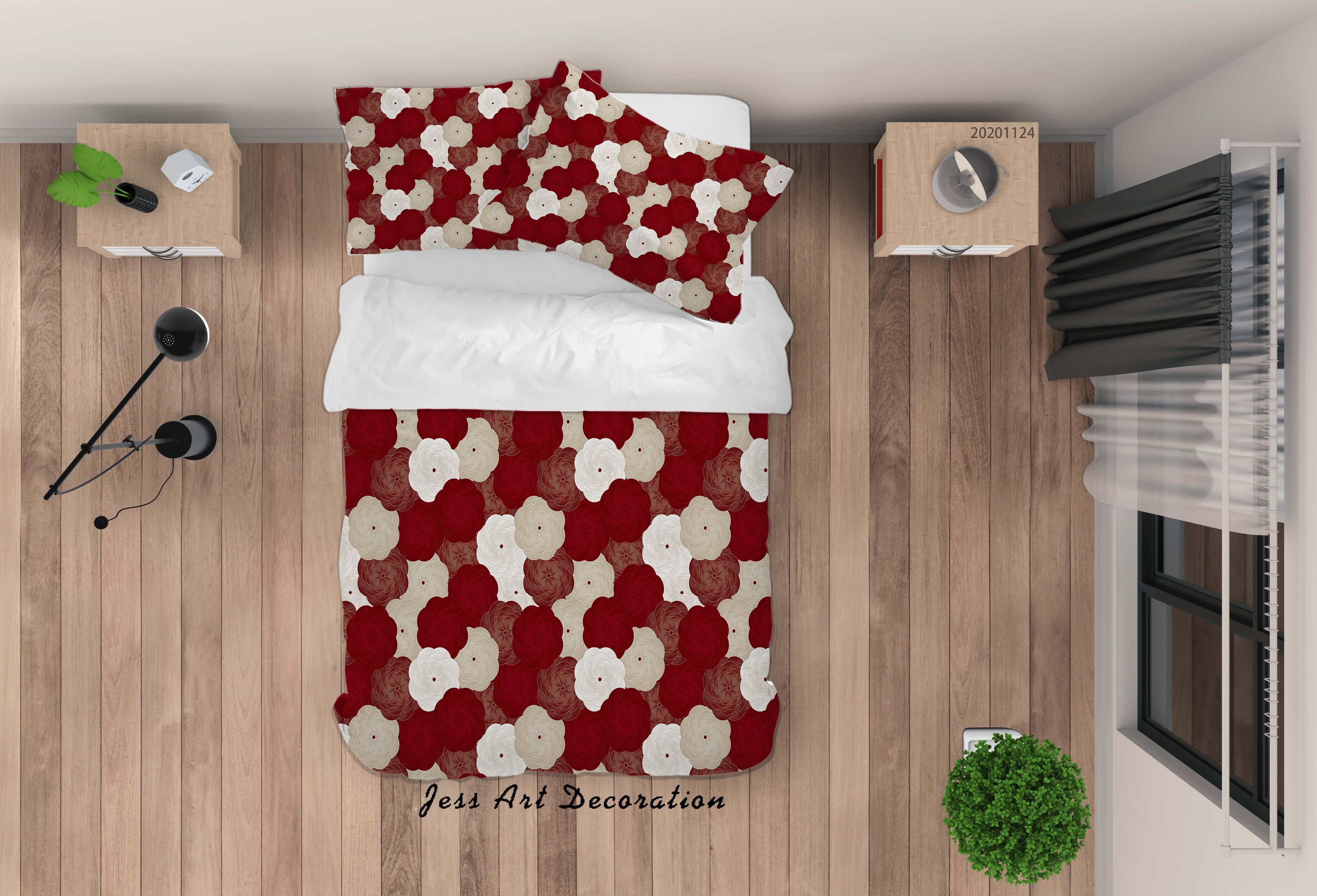 3D Vintage Hand Drawn Red White Floral Pattern Quilt Cover Set Bedding Set Duvet Cover Pillowcases LXL- Jess Art Decoration