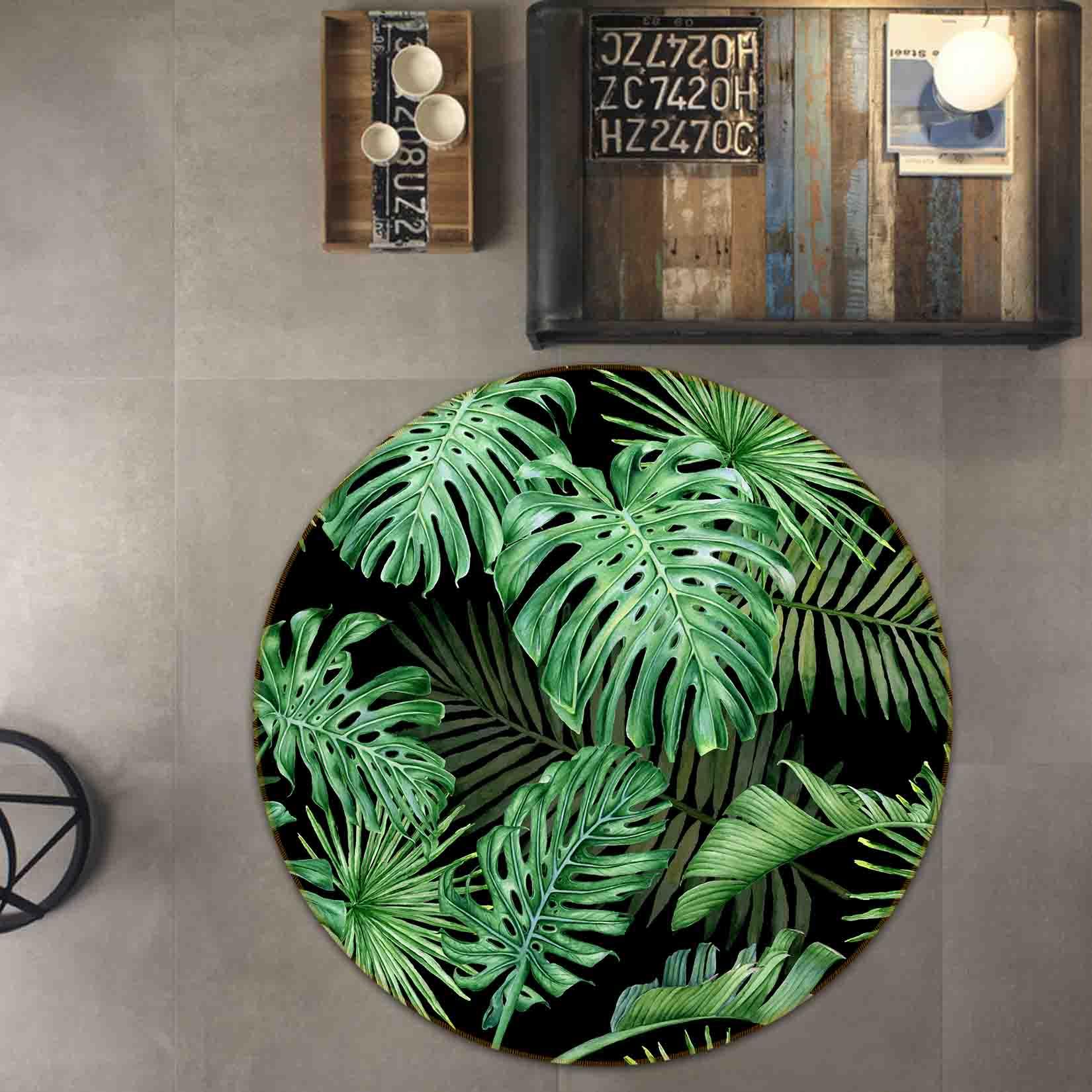 3D Tropical Green Leaf Non-Slip Round Rug Mat 31- Jess Art Decoration