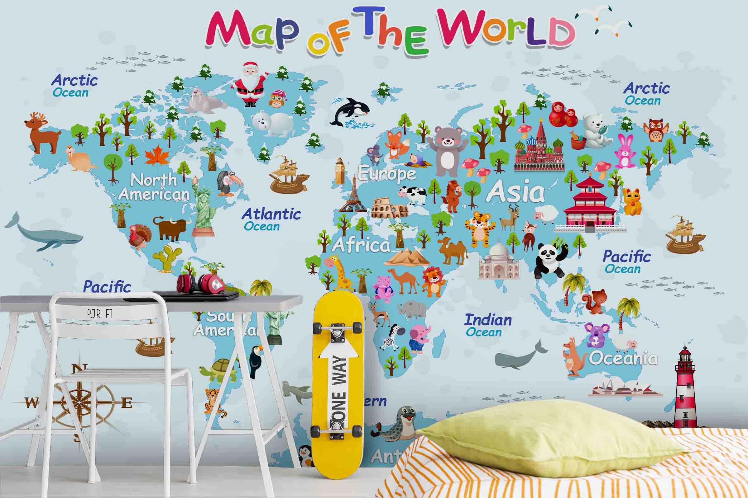 3D Cartoon World Map Wall Mural Wallpaper WJ 2083- Jess Art Decoration