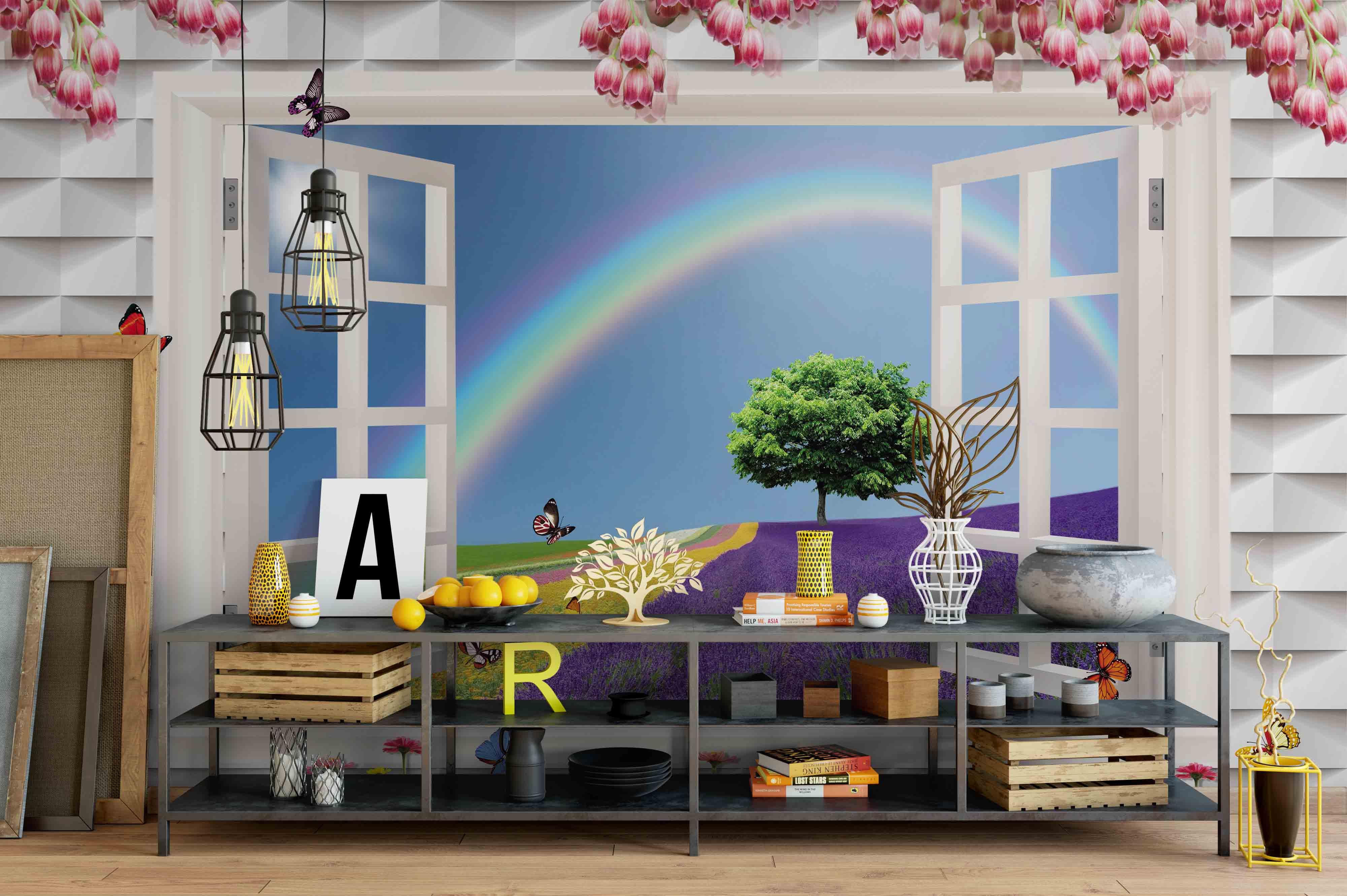 3D Window Ranbow Tree Sky Wall Mural Wallpaper 17- Jess Art Decoration