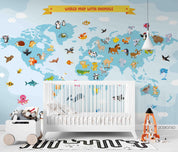 3D Map World Cartoon Animal Wall Mural Wallpaper SWW4485- Jess Art Decoration