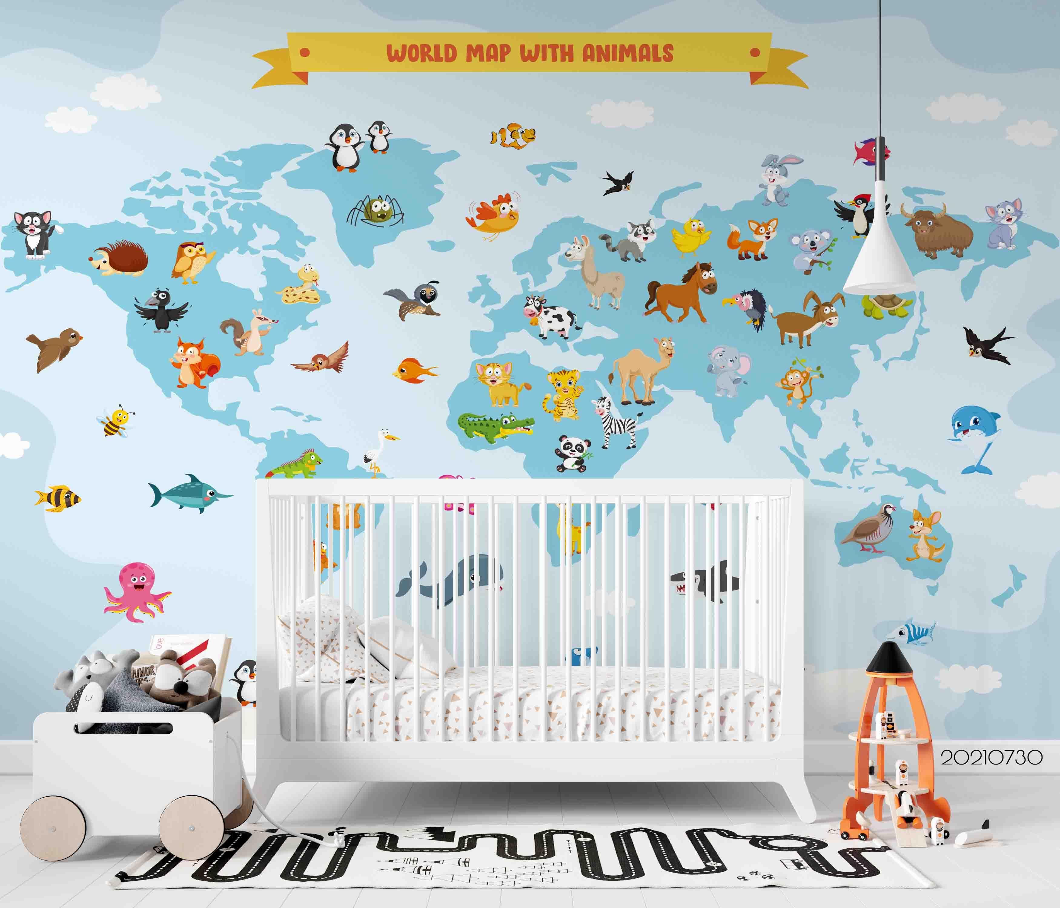 3D Map World Cartoon Animal Wall Mural Wallpaper SWW4485- Jess Art Decoration
