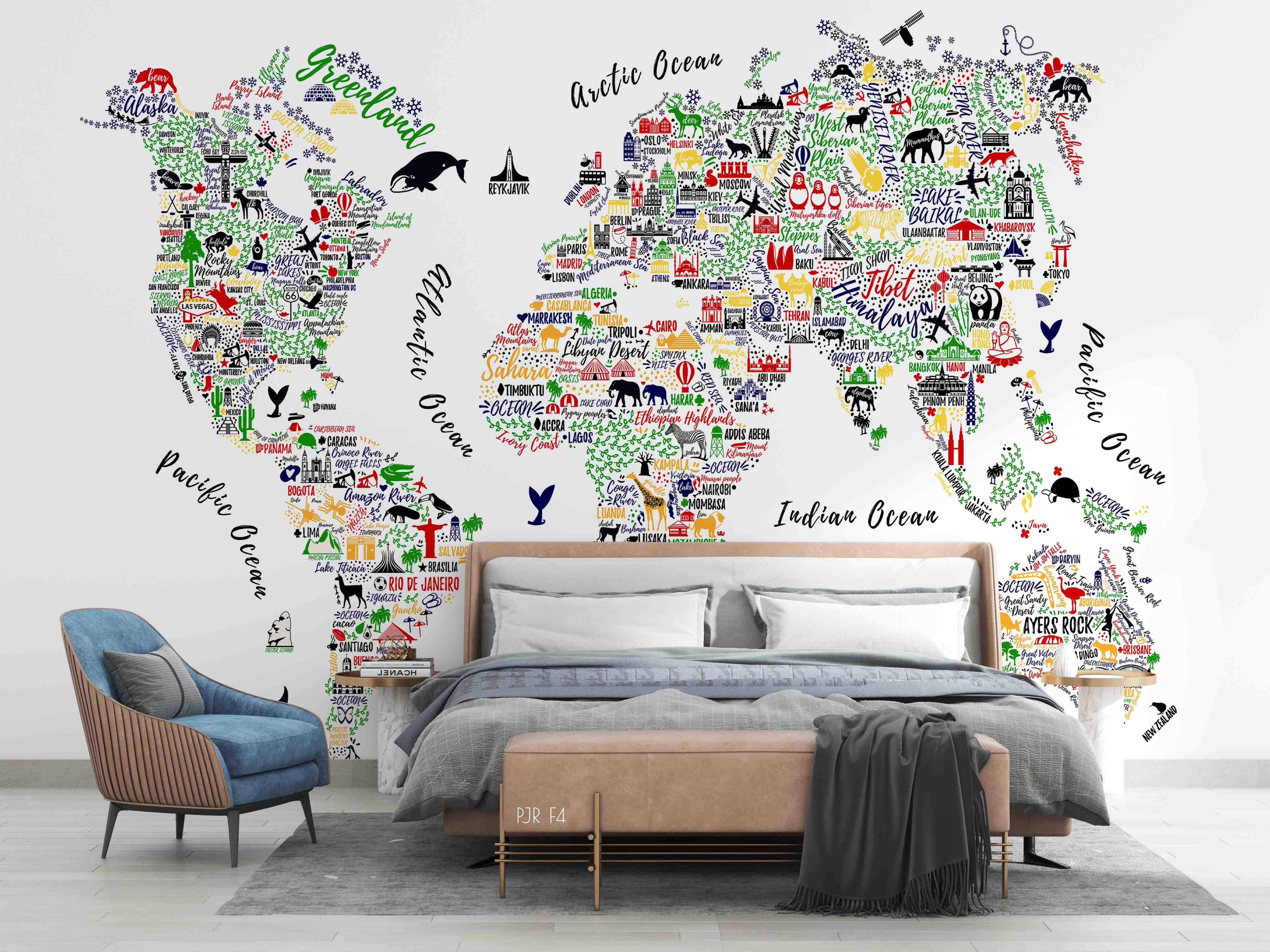 3D World Map Aninmal Wall Mural Wallpaper WJ 5249- Jess Art Decoration