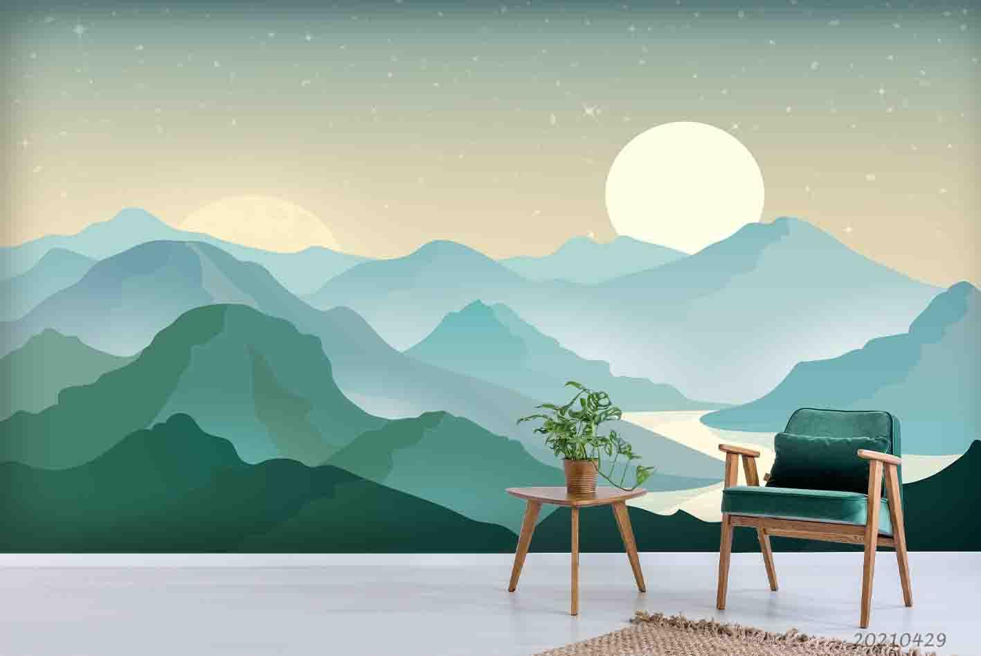 3D Watercolor Moon Mountain Landscape Wall Mural Wallpaper LQH 22- Jess Art Decoration