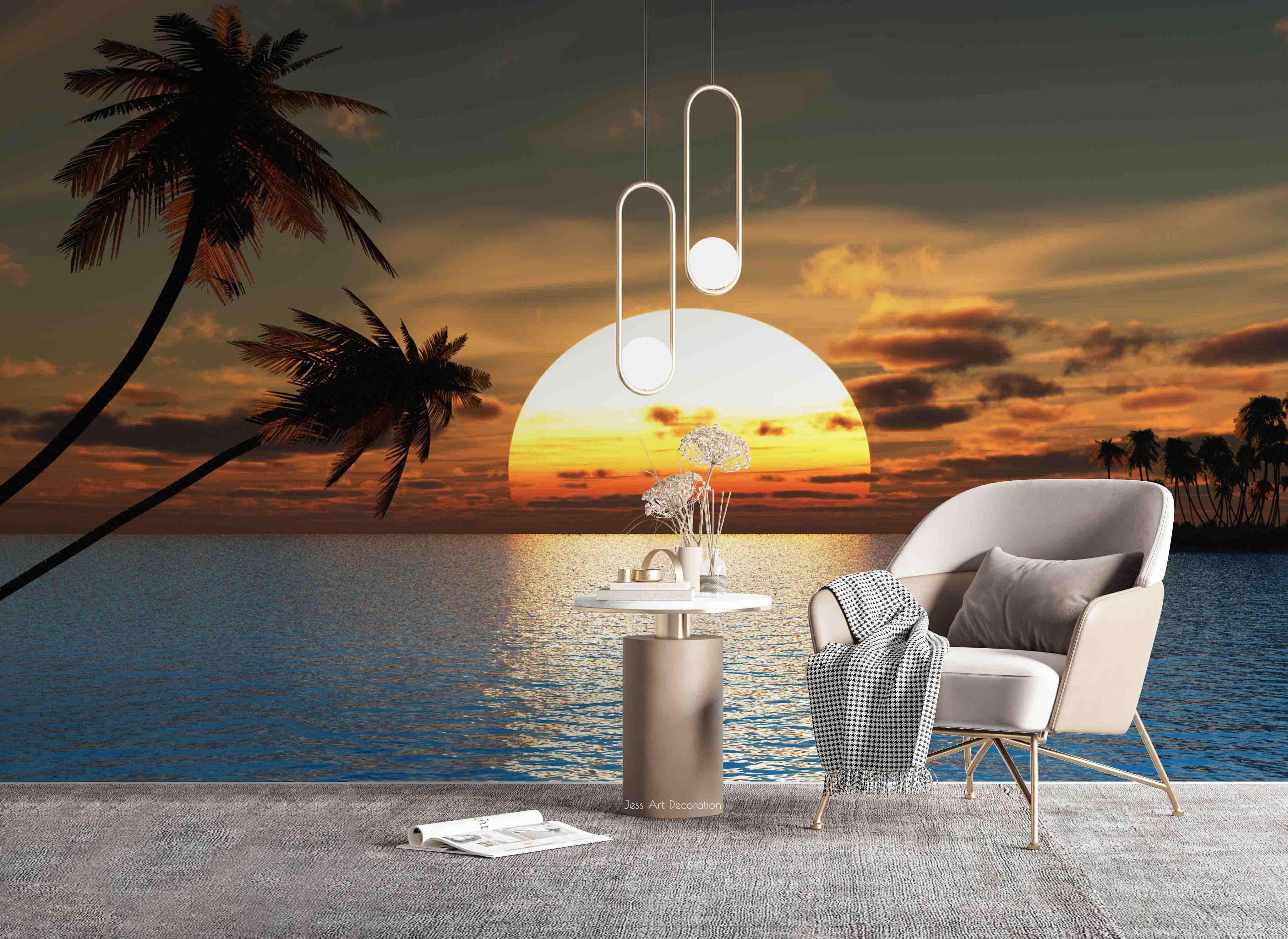3D Sun Sea Surface Coconut Tree Wall Mural Wallpaper GD 2416- Jess Art Decoration