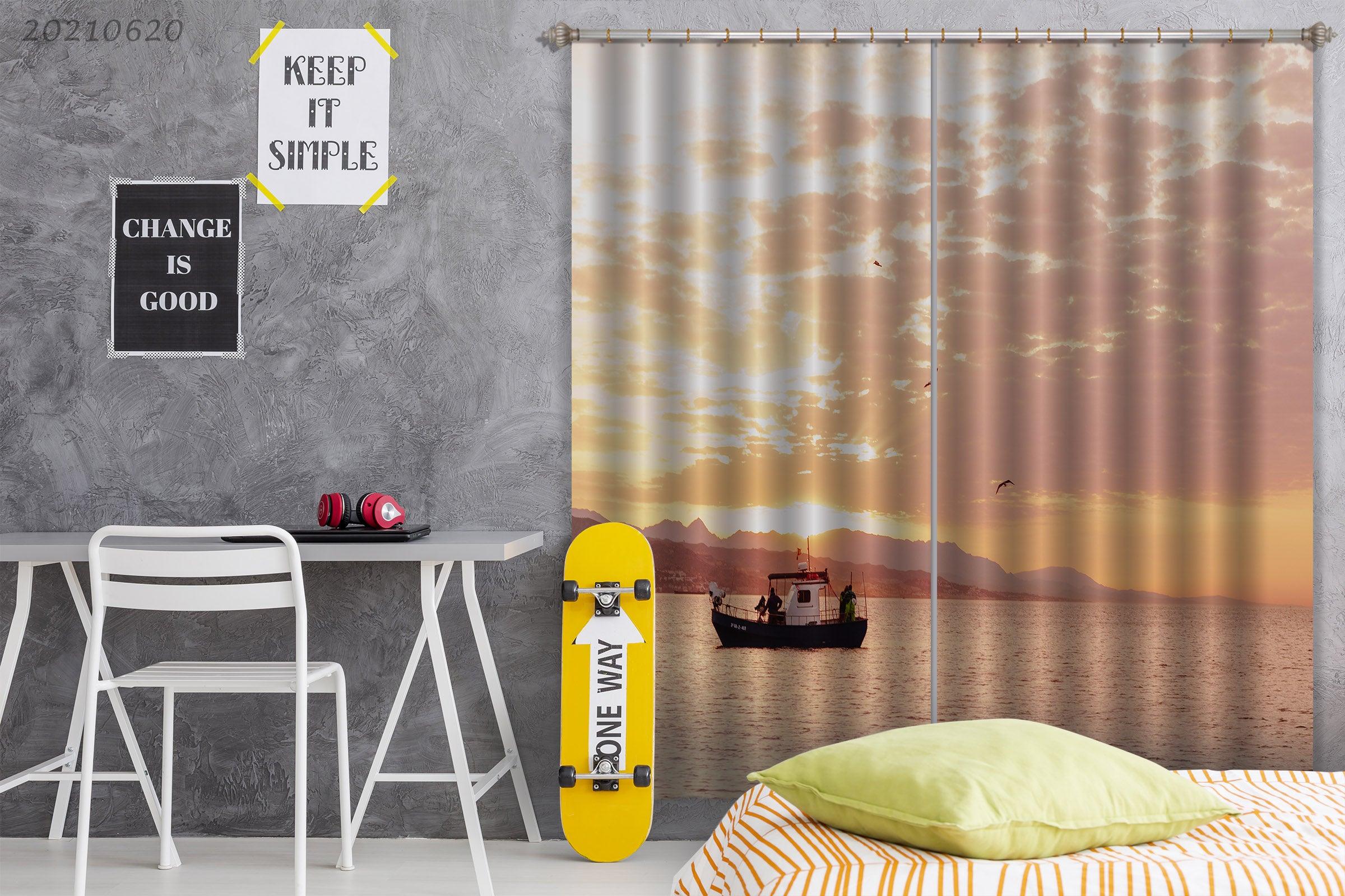 3D River Boat Mountain Golden Sky Cloud View Curtains and Drapes GD 892- Jess Art Decoration