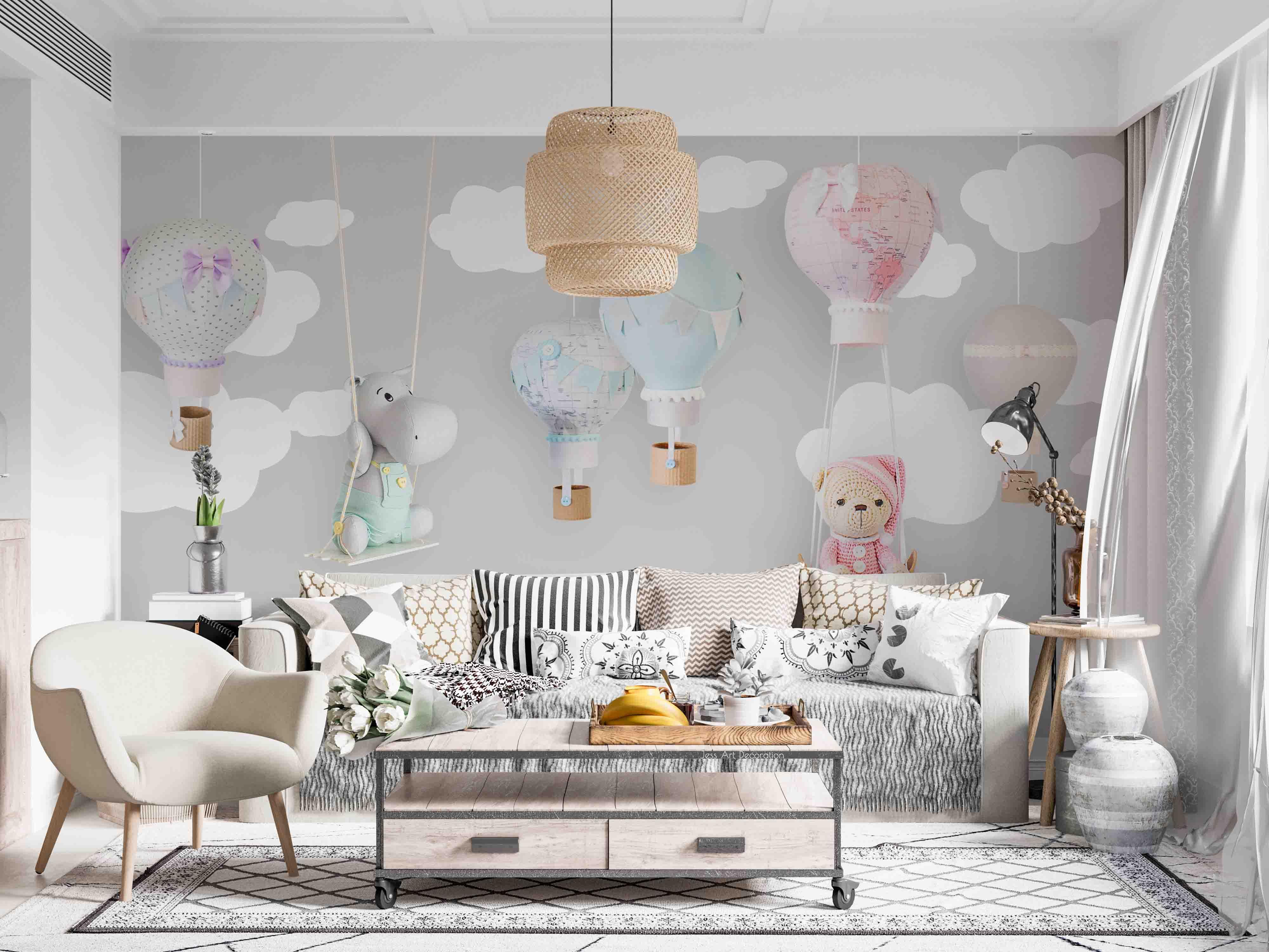 3D Hot Air Balloon Teddy Bear Hippo Map Cloud Wall Mural Wallpaper GD 3432- Jess Art Decoration