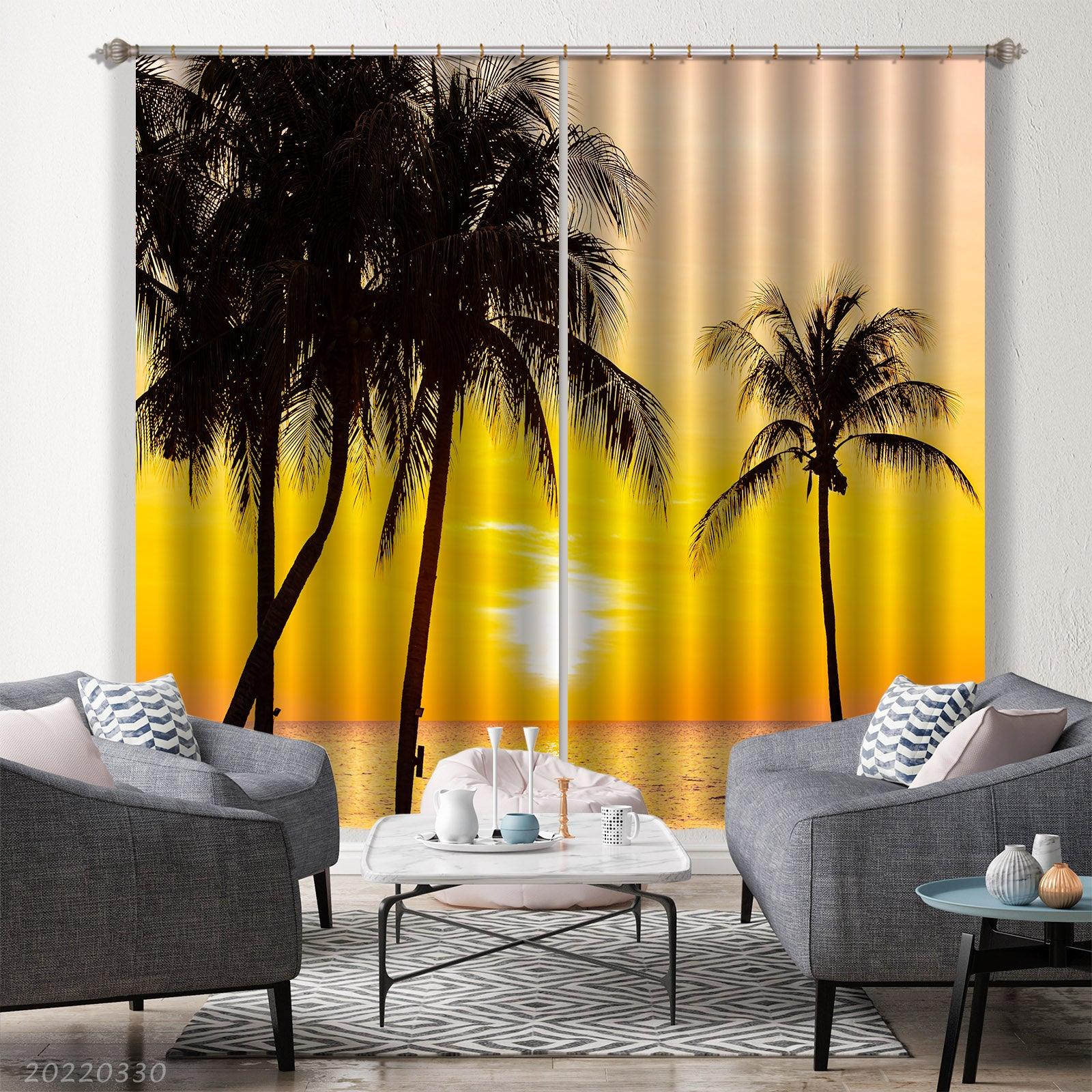3D Landscape Ocean Silhouette Coconut Tree Sunset Curtains and Drapes GD 3751- Jess Art Decoration