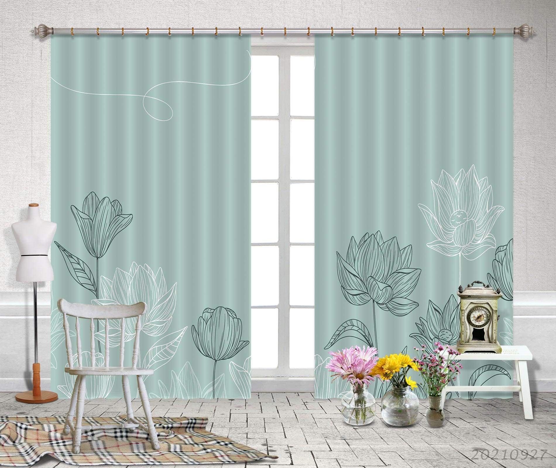 3D Hand Drawn Green Floral Curtains and Drapes LQH 191- Jess Art Decoration