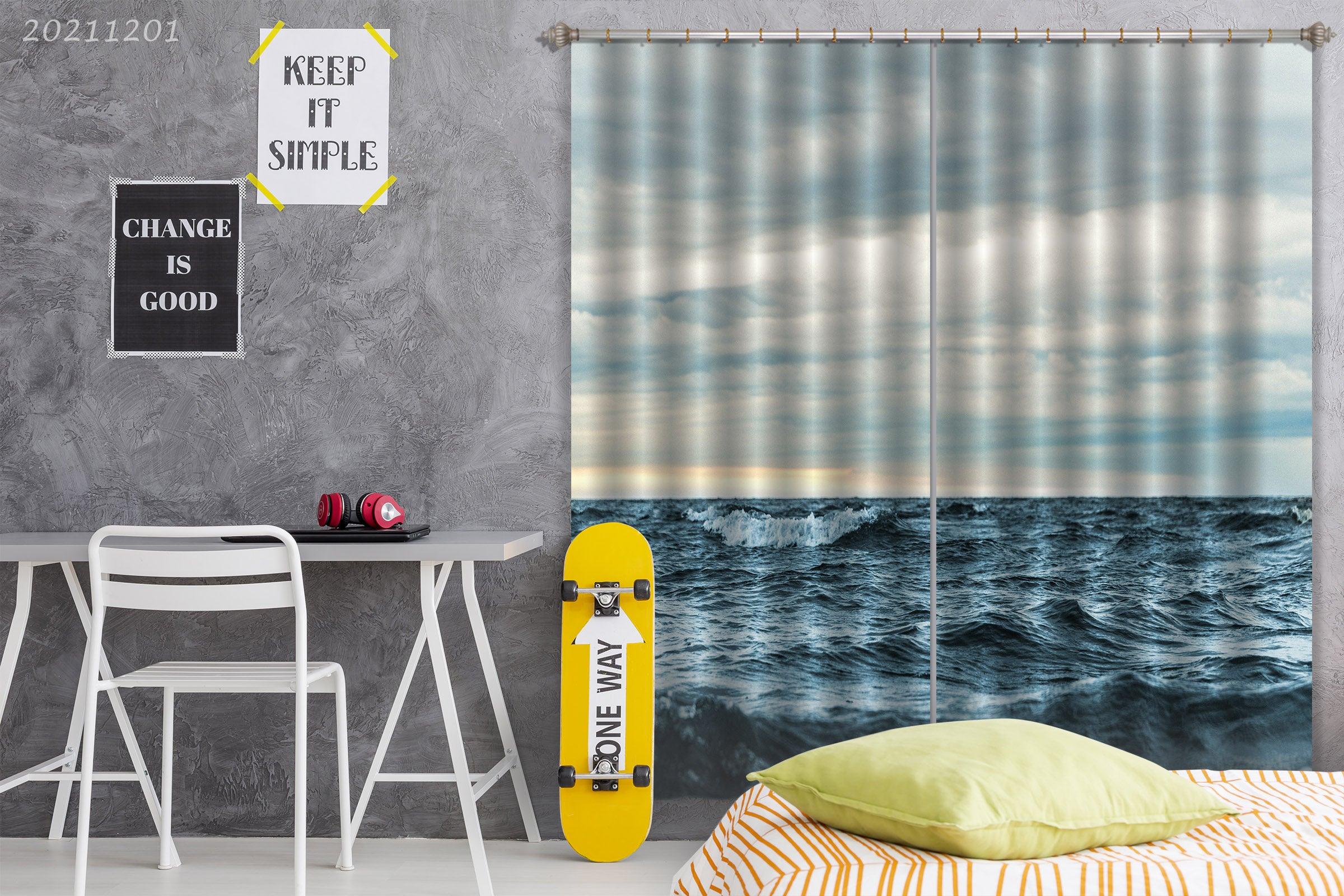 3D Sea Wave Sky Blue Landscape Curtains and Drapes LLL 303- Jess Art Decoration