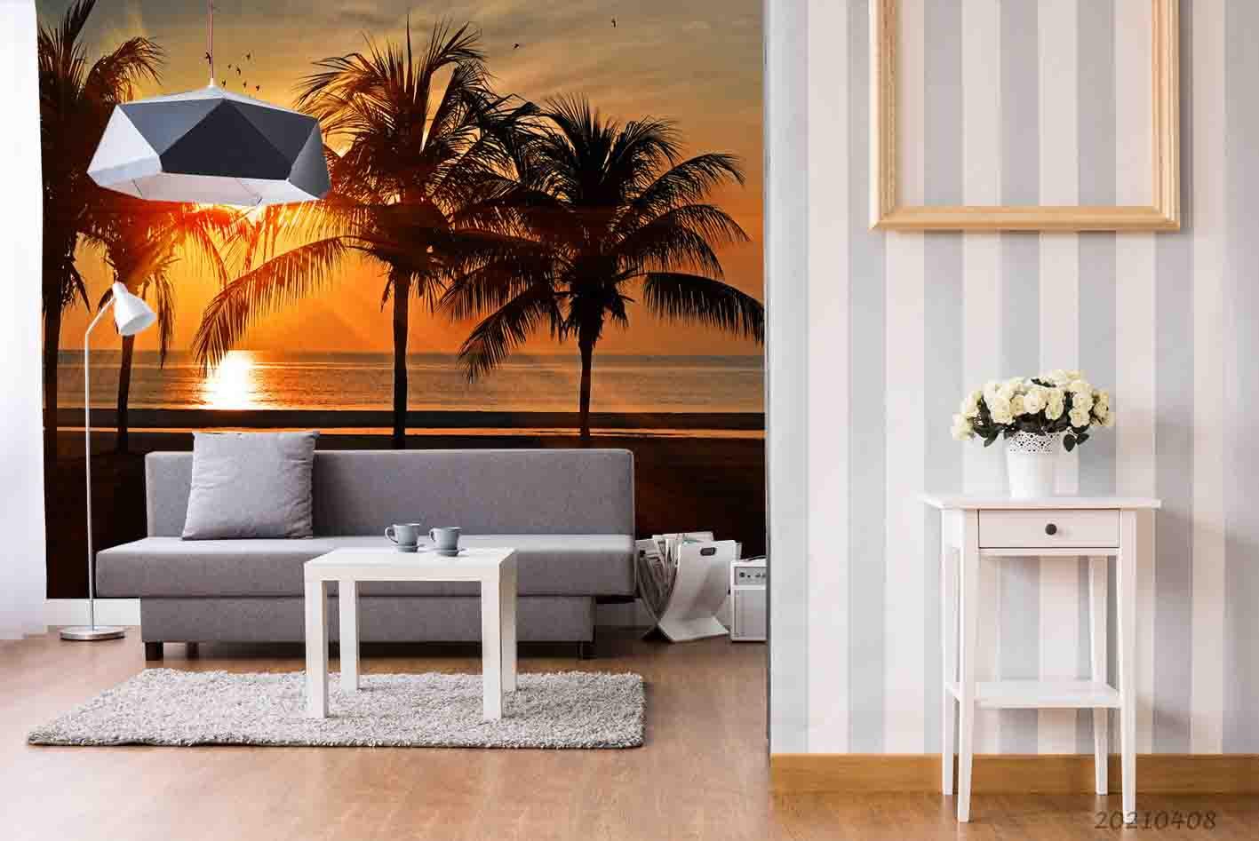 3D Sunset Sky Beach Coconut Tree Wall Mural Wallpaper LQH 75- Jess Art Decoration