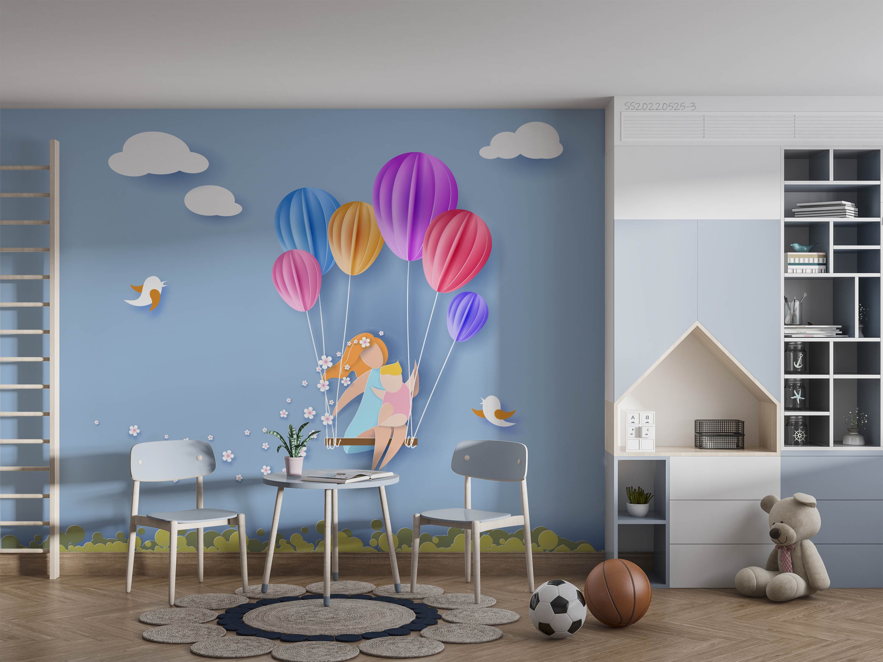 3D Cartoon Balloon Swing Sky Cloud Bird Wall Mural Wallpaper GD 287- Jess Art Decoration