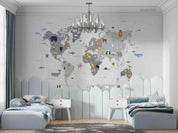 3D Grey World Map Animals Wall Mural Wallpaper LQH 297- Jess Art Decoration