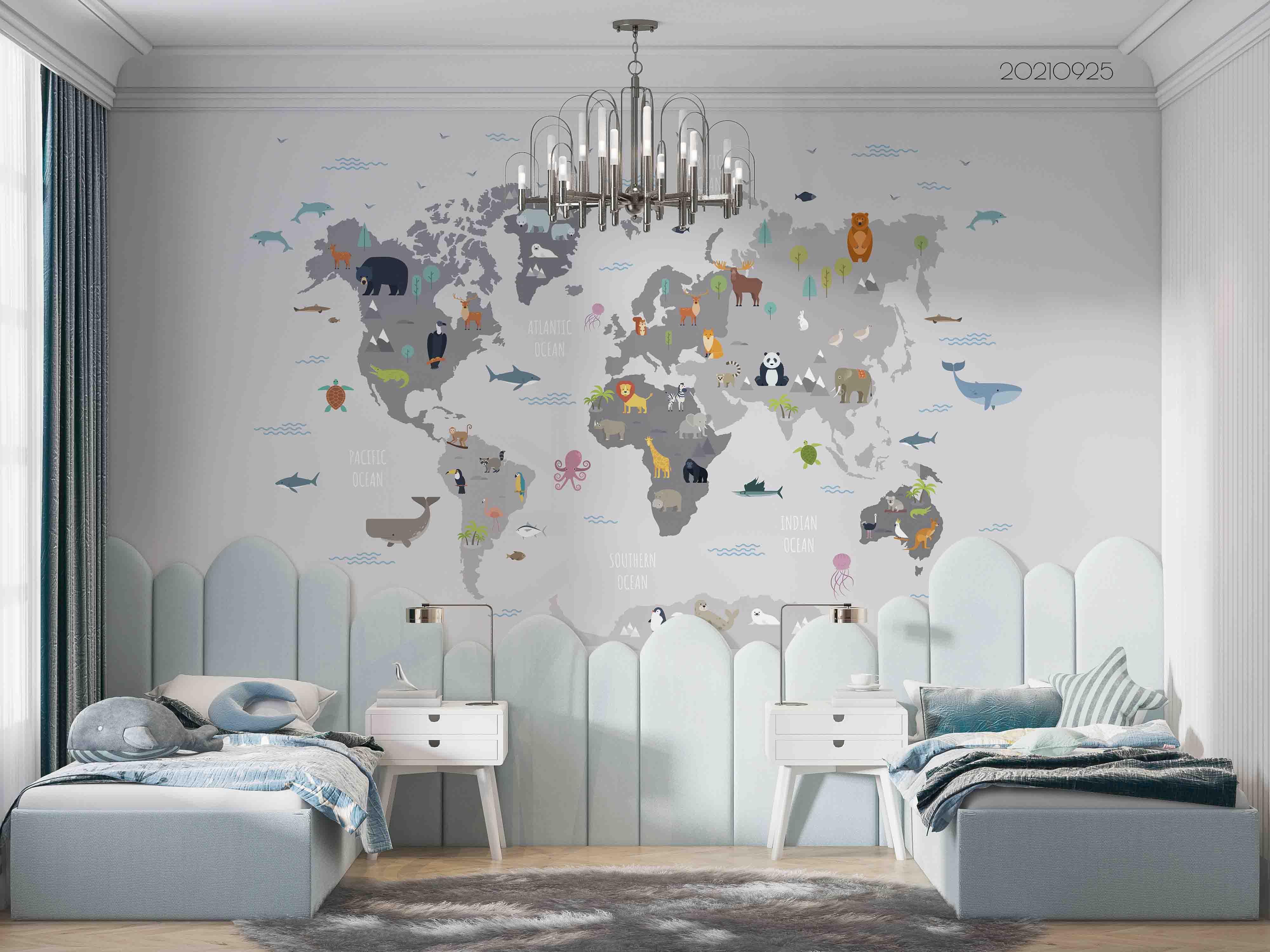 3D Grey World Map Animals Wall Mural Wallpaper LQH 297- Jess Art Decoration